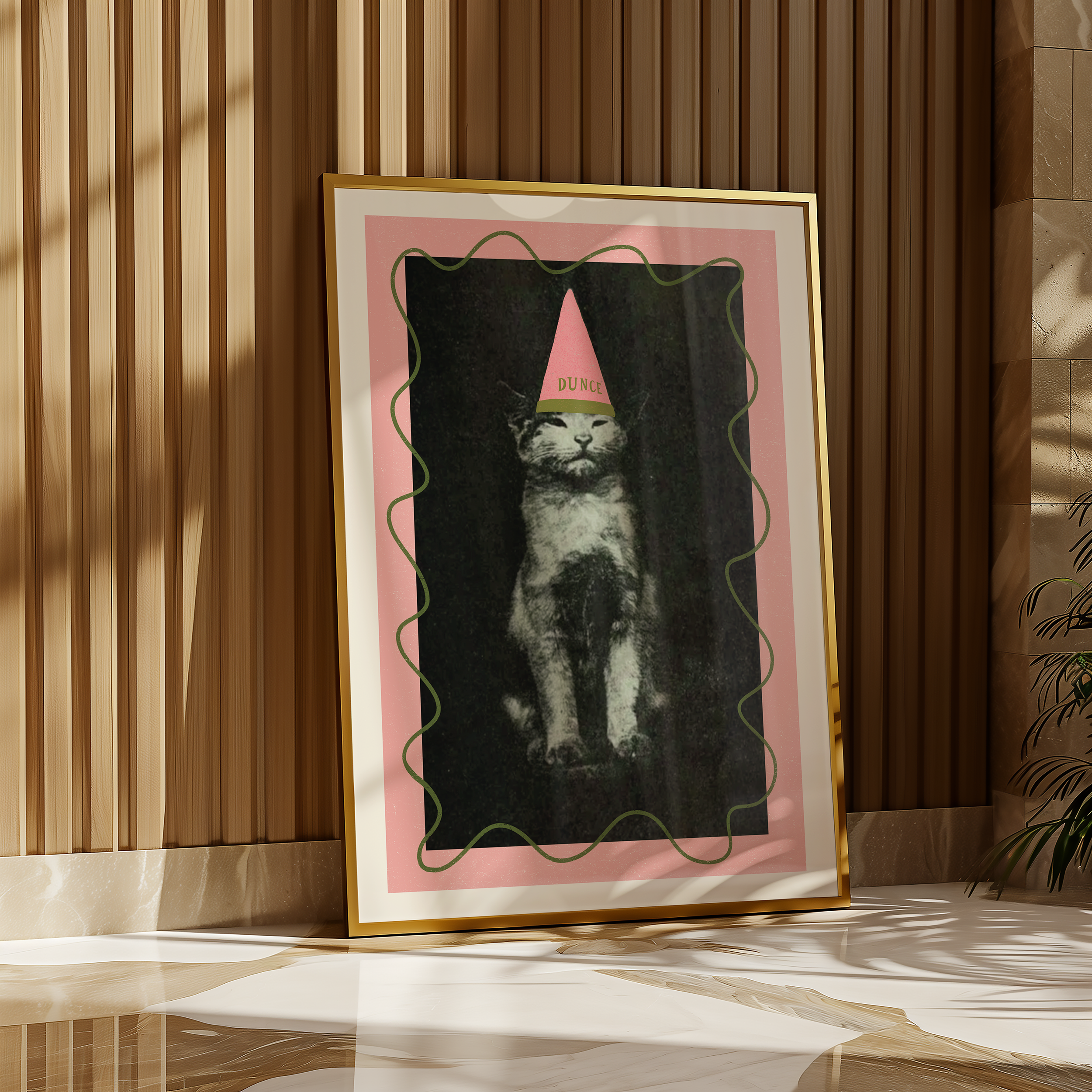 Dopamine decor poster print. Victorian photography pf cat wearing a dunce cat, enhances with modern colour elemants of pink and green