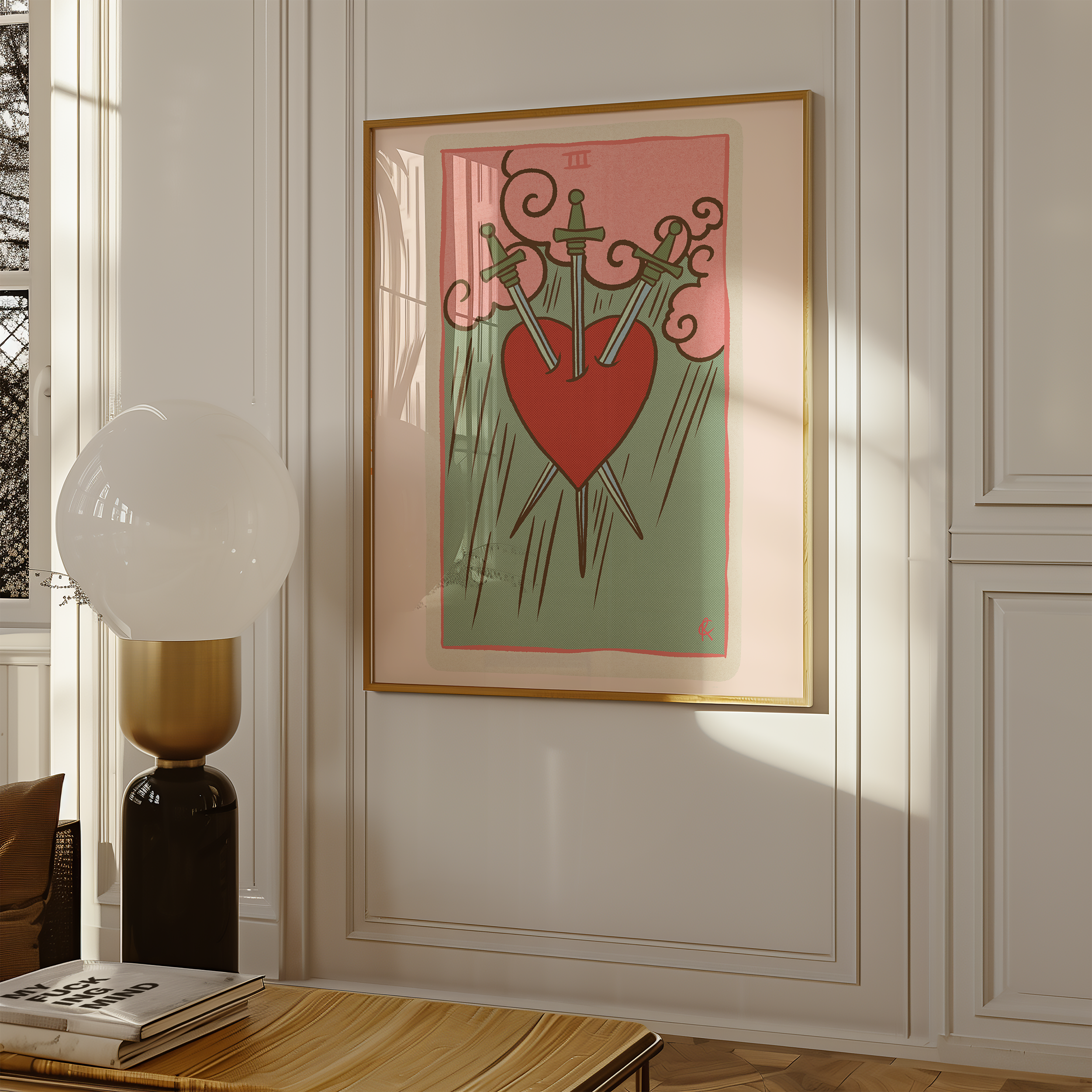 Three of Swords tarot card print, feminine pink witchy spiritual decor poster print.
