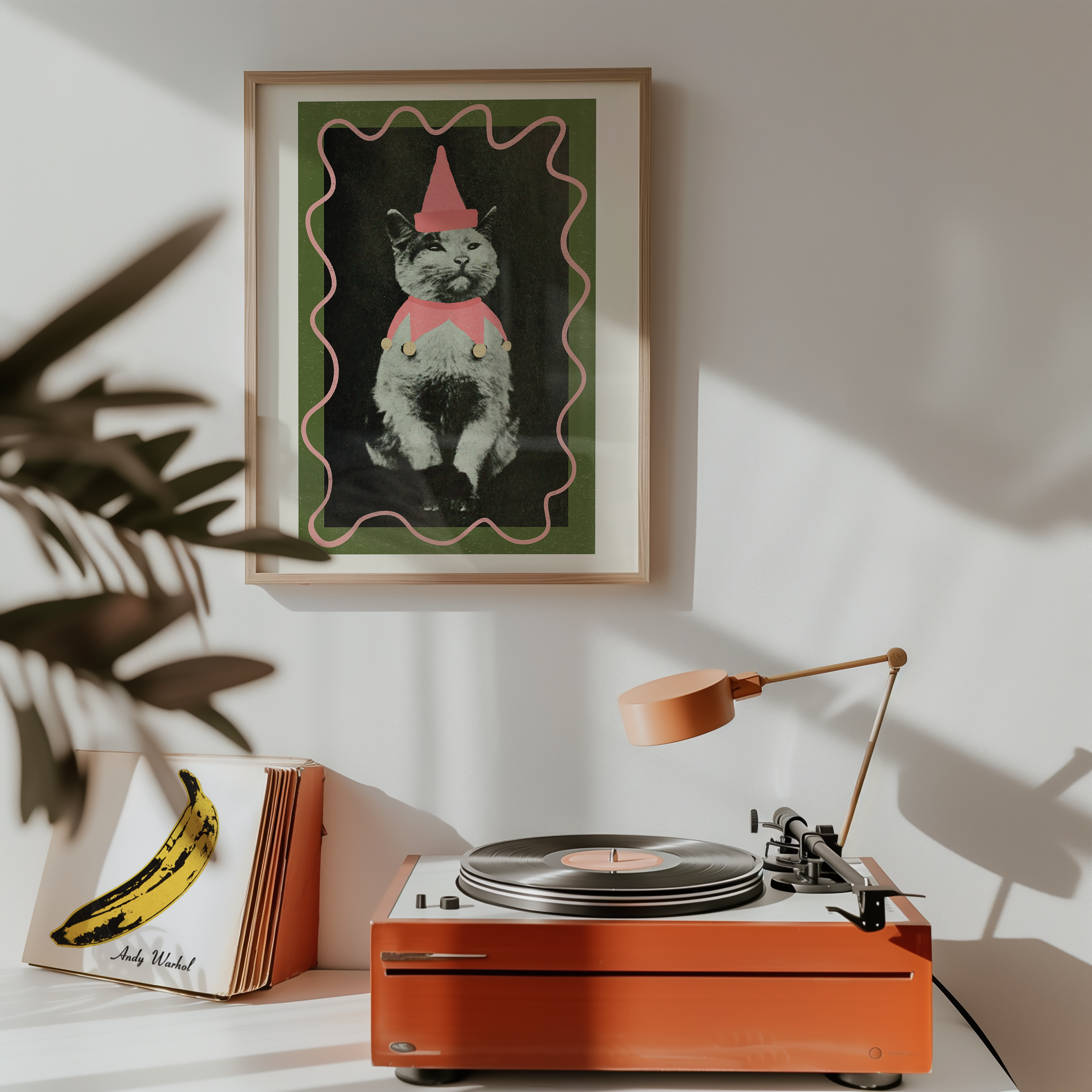 Dopamine decor poster print. Victorian photography pf cat wearing a jester costume, enhances with modern colour elements of pink and green