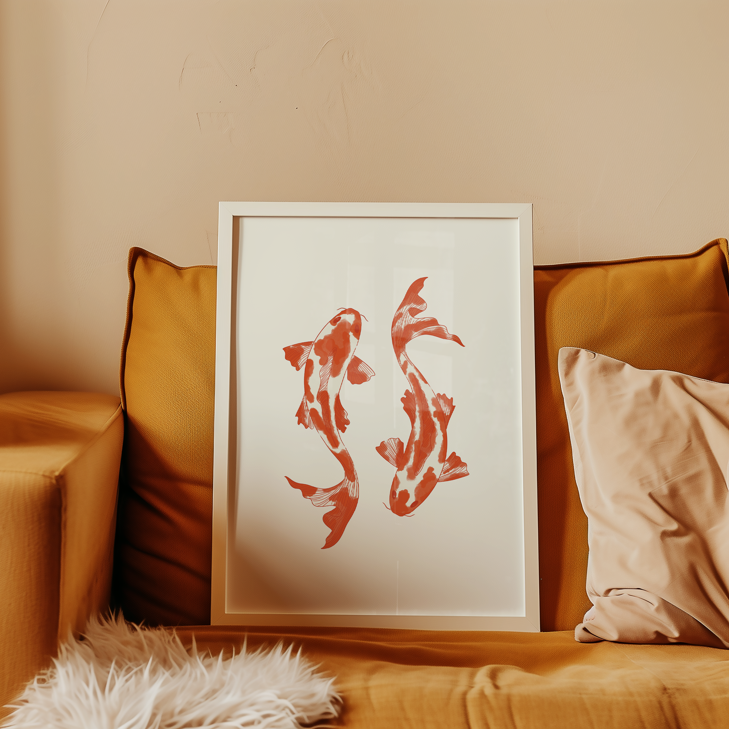 Bold dopamine decor print poster illustration of two koi fish. Retro style decor. japandi style. orange and cream
