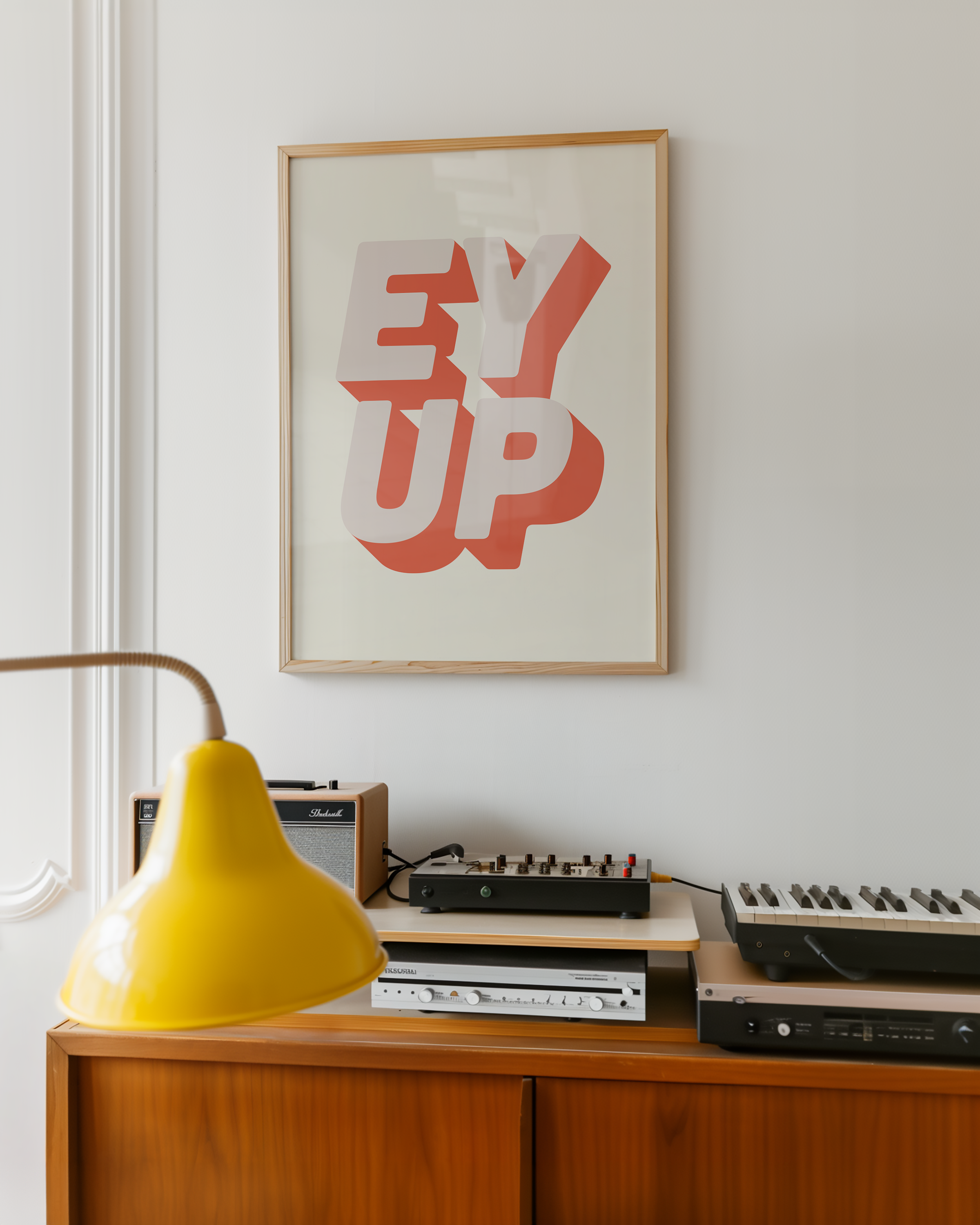 Bold quote print poster decor "Ey up". British quote. Yorkshire quote. Dopamine decor. Retro two tone font cream and pink