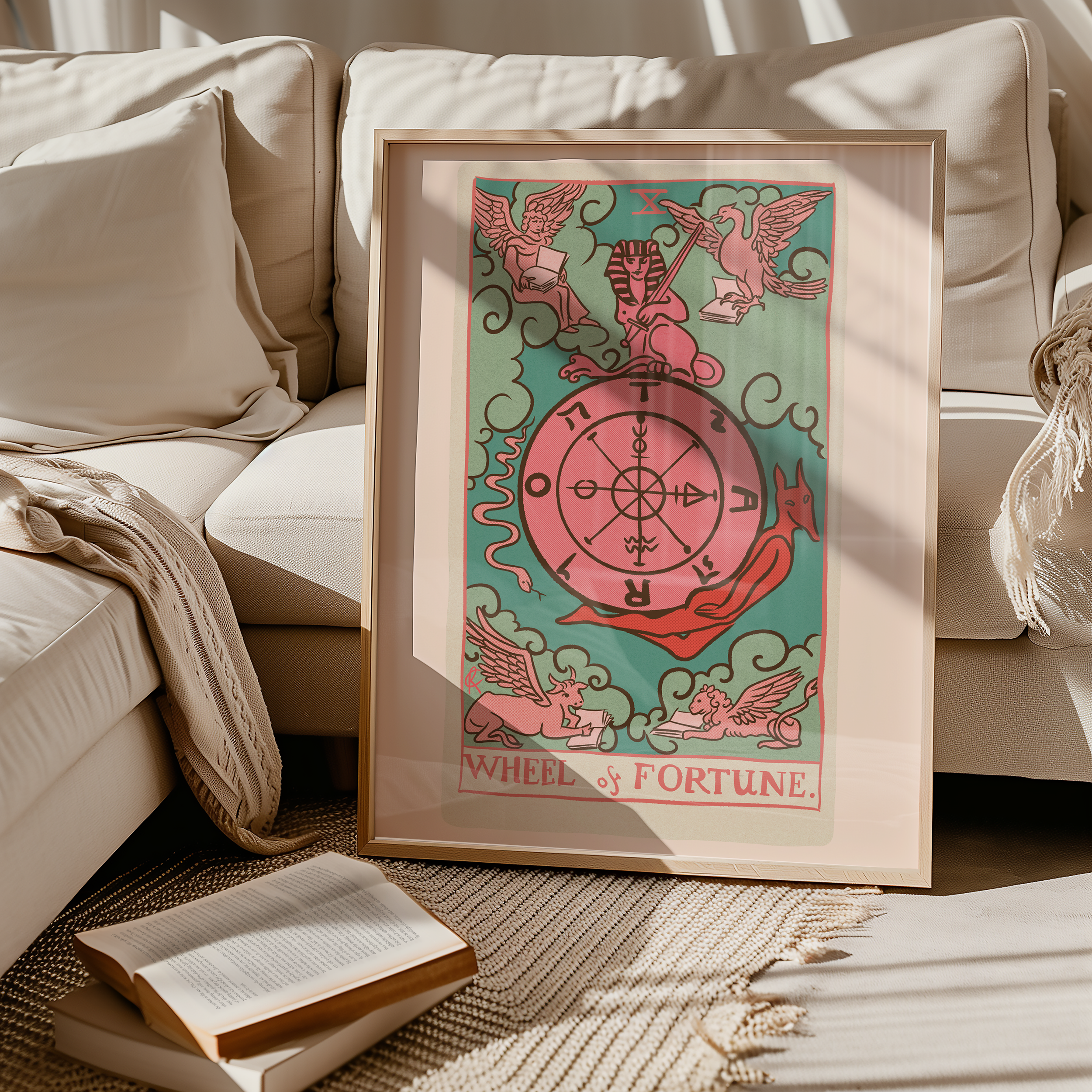 Wheel of Fortune tarot card print, feminine pink witchy spiritual decor poster print.