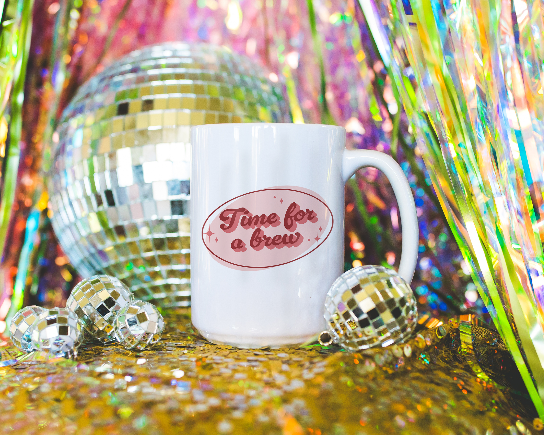White coffee mug that says "time for a brew" in a retro vintage font that's pink. Available in 11oz and 15oz