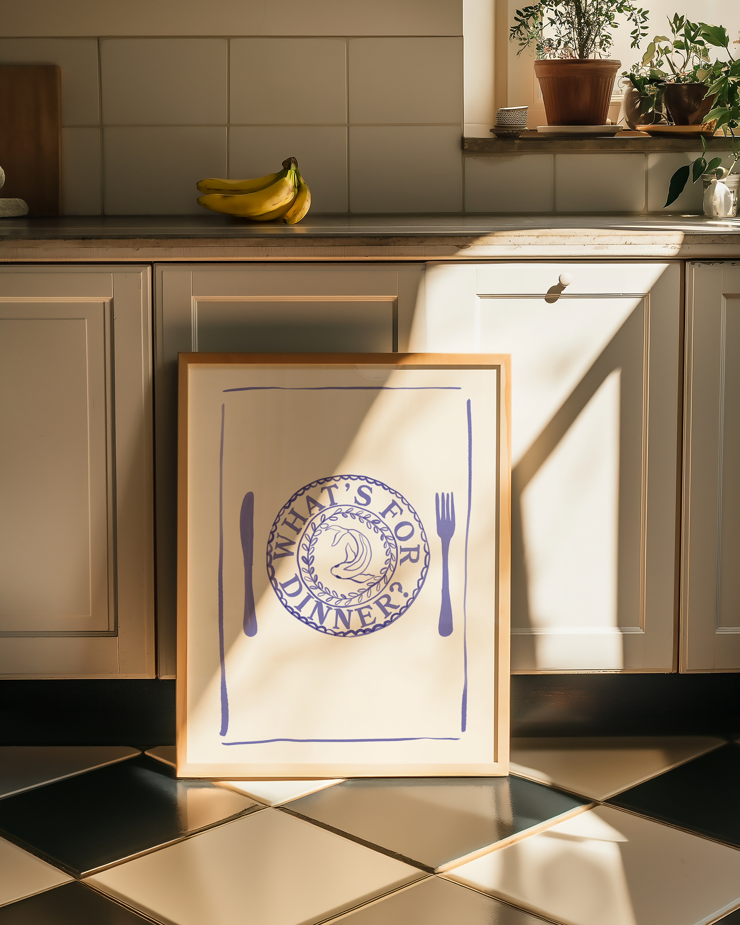 Bold dopamine decor print poster of a dinner place and knife and fork with the phrase "Whats's for dinner?" in watercolour style. kitchen poster. Blue and cream. Food poster print