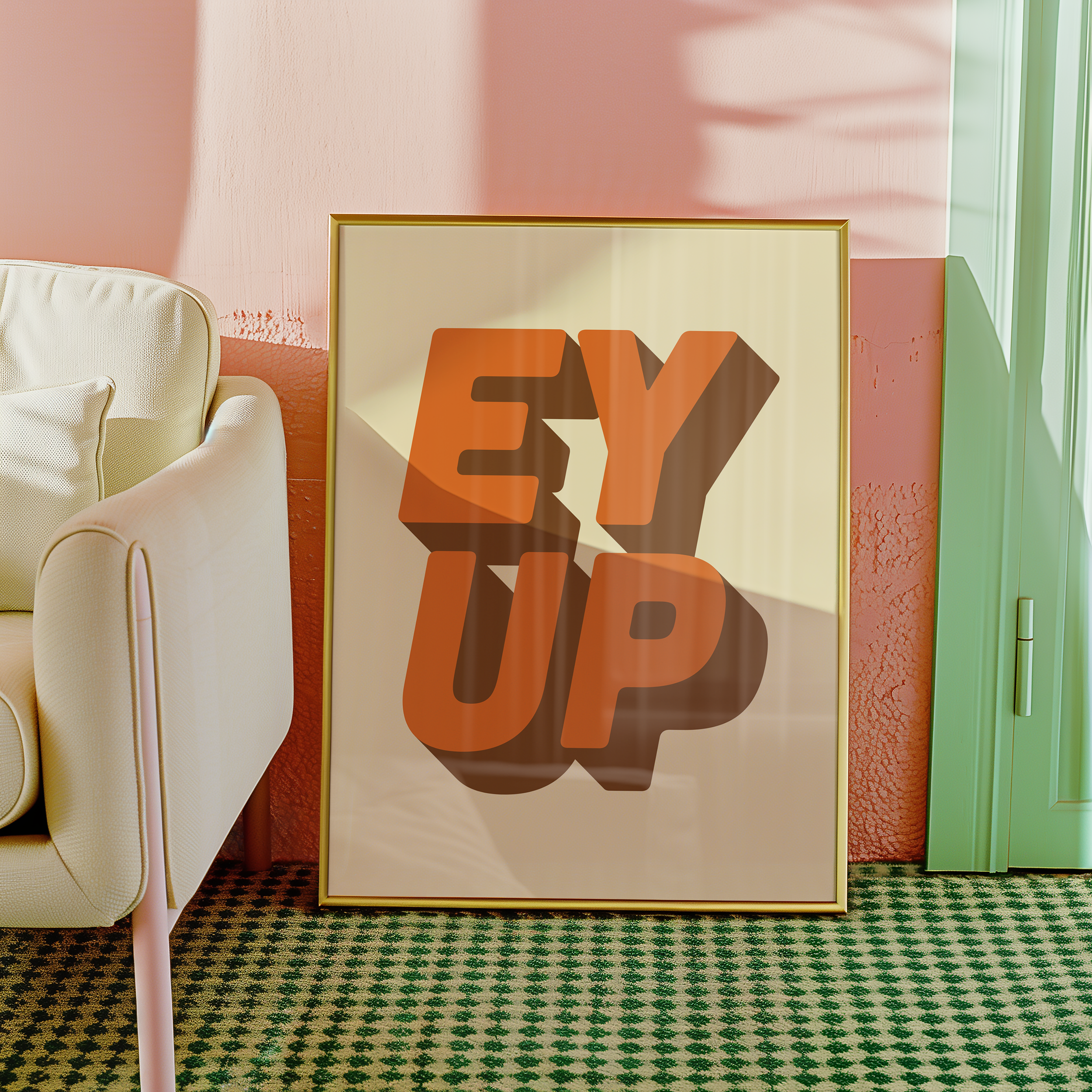 Bold quote print poster decor "Ey up". British quote. Yorkshire quote. Dopamine decor. Retro two tone font Orange and brown