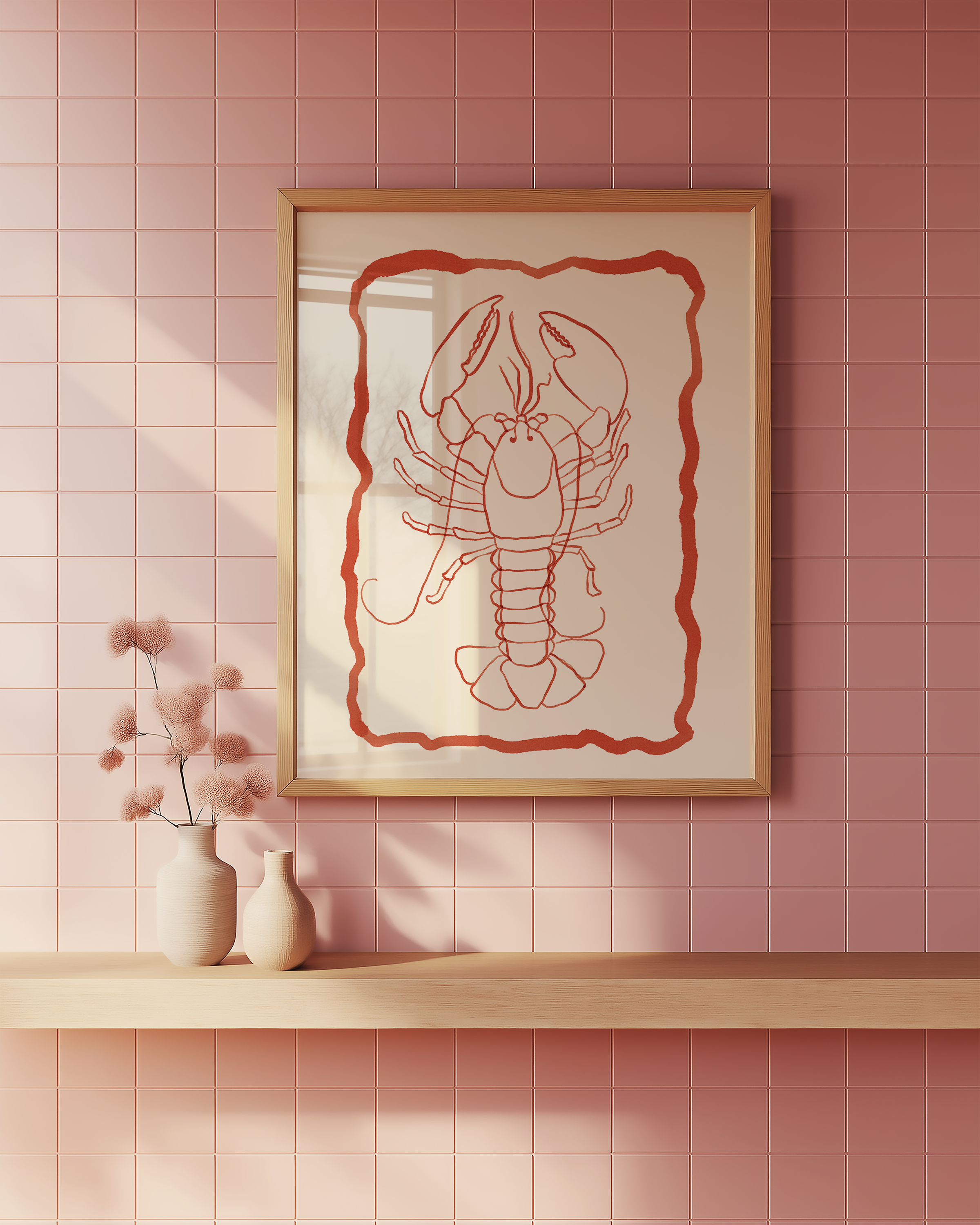 Bold dopamine decor print poster of a lobster in watercolour style. kitchen poster. Red and cream. ocean sea life poster