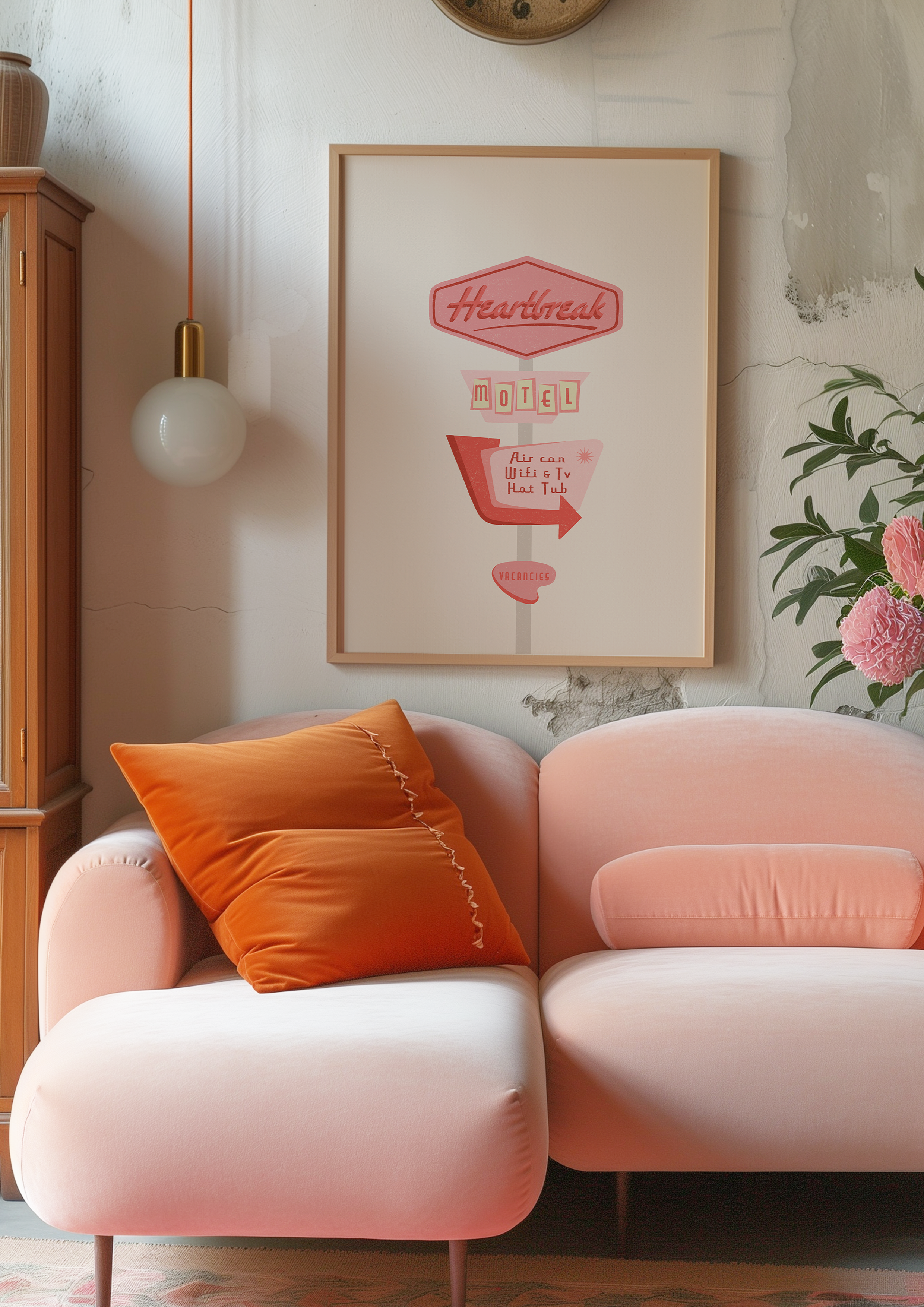 Bold dopamine decor print poster illustration of a retro motel sign in various pink tones that says "heart break motel". Feminine decor style. retro feel.
