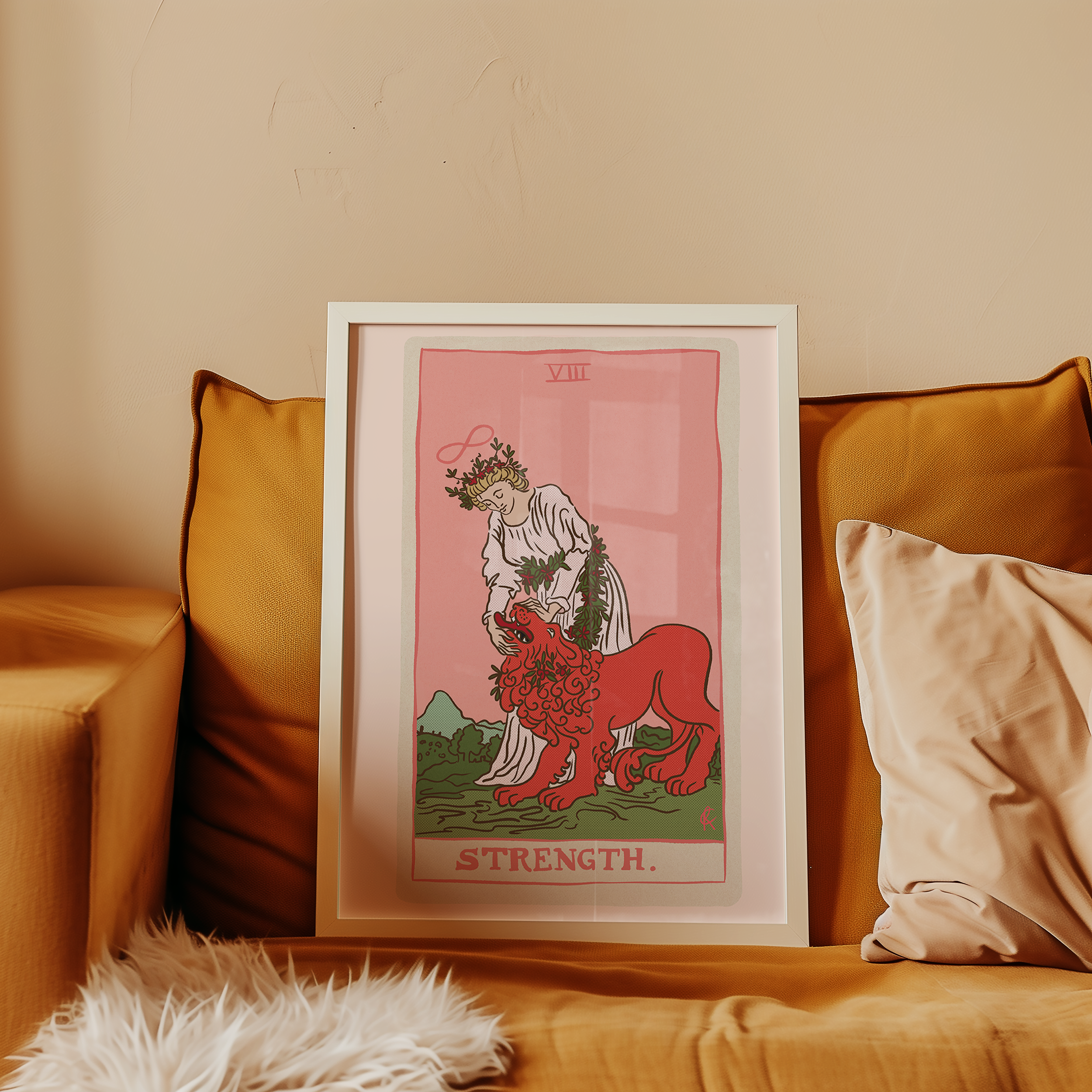 Strength tarot card print, feminine pink witchy spiritual decor poster print.