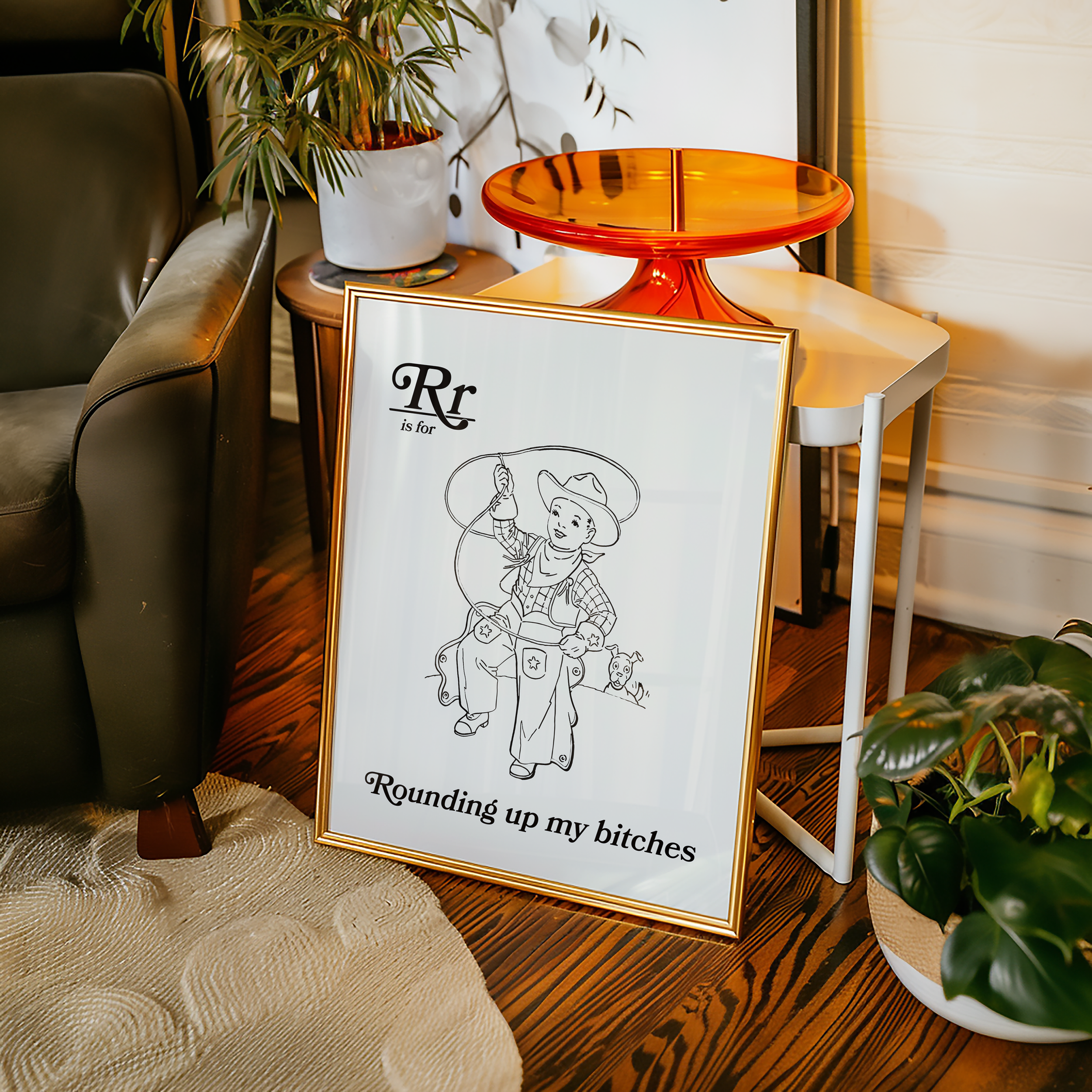 Dopamine decor poster print of retro style alphabet poster for the letter R or a childrens illuration cowboy with a lasso that say "R is for Rounding up my bitches." Adult humour print.
