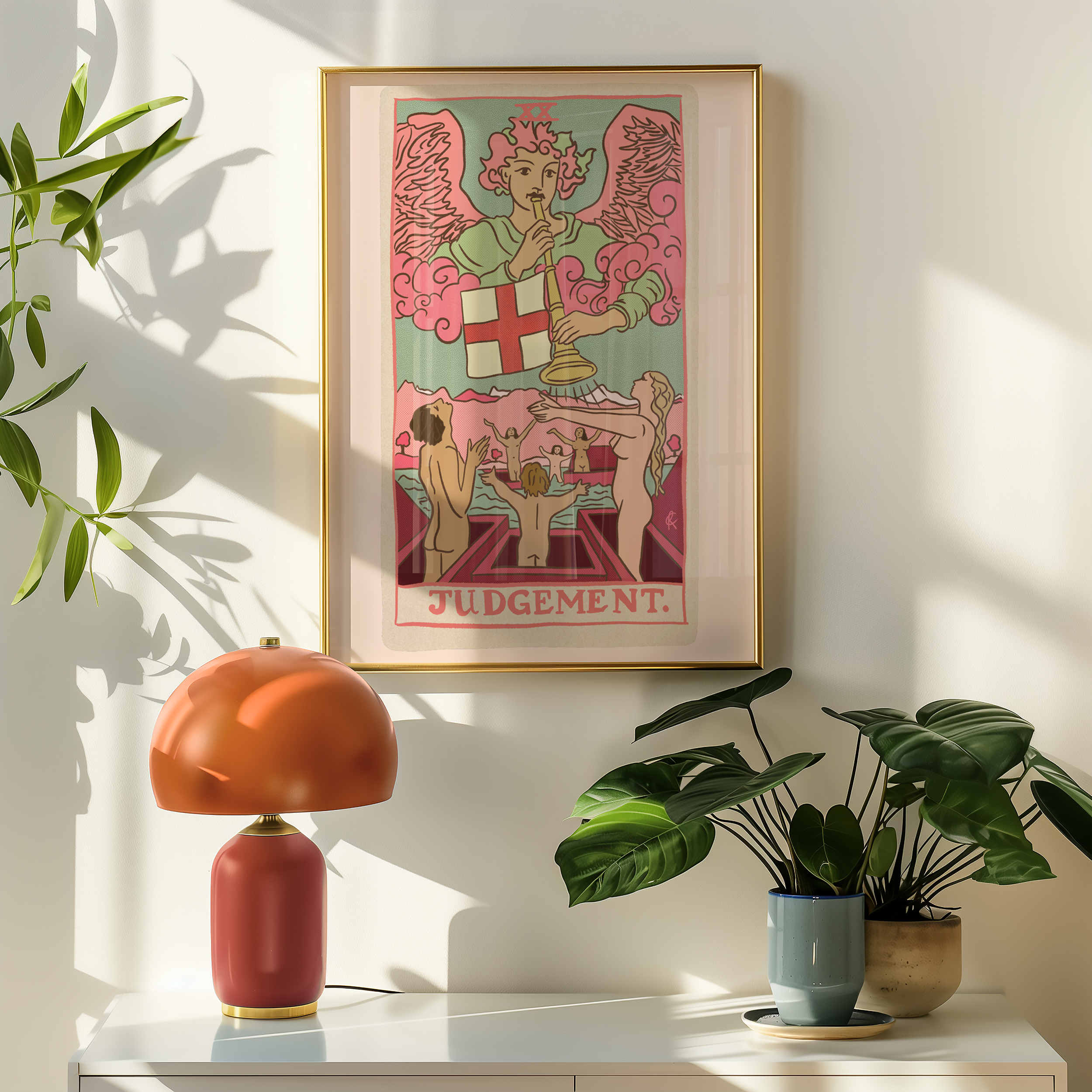 Judgement tarot card print, feminine pink witchy spiritual decor poster print.