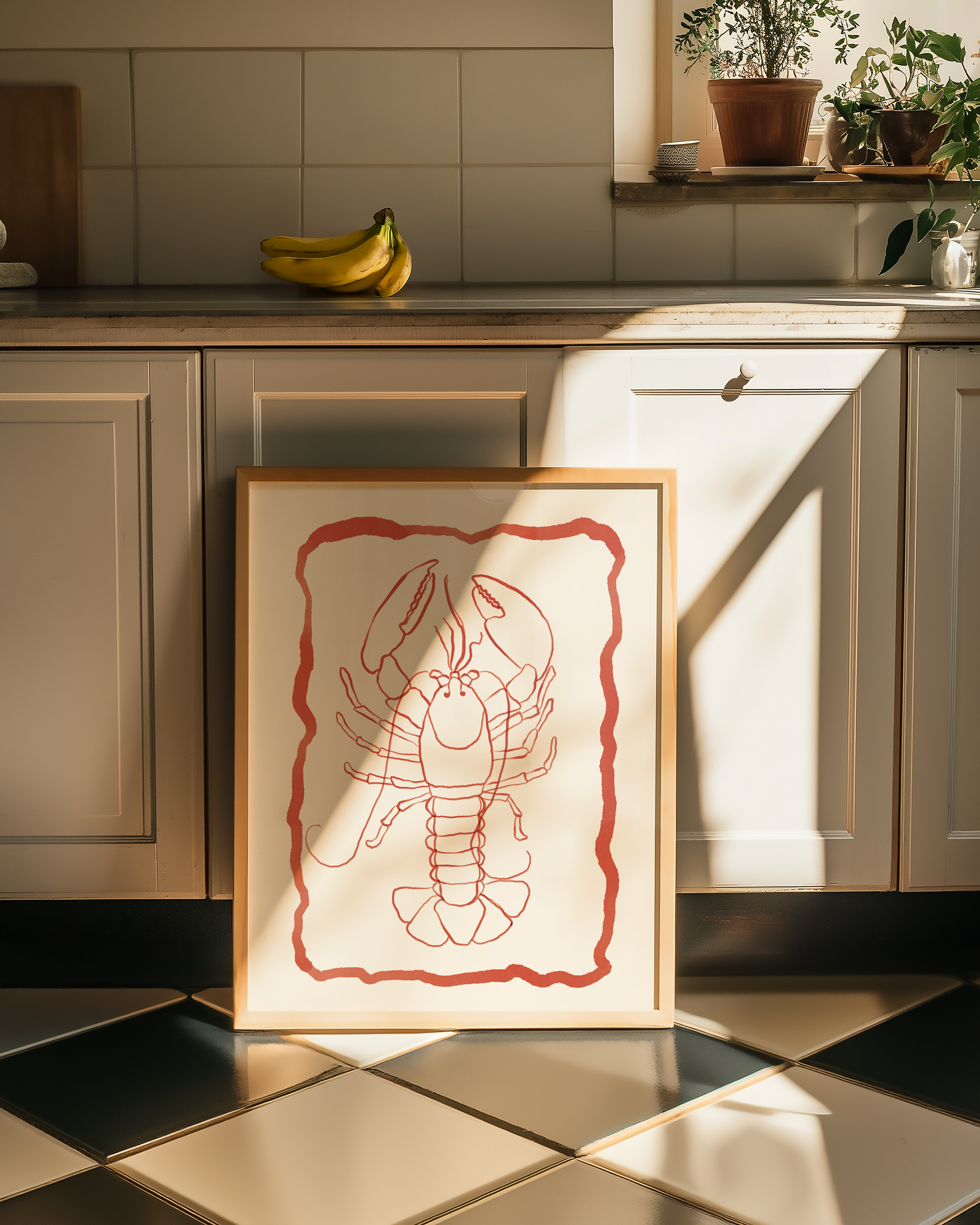 Bold dopamine decor print poster of a lobster in watercolour style. kitchen poster. Red and cream. ocean sea life poster