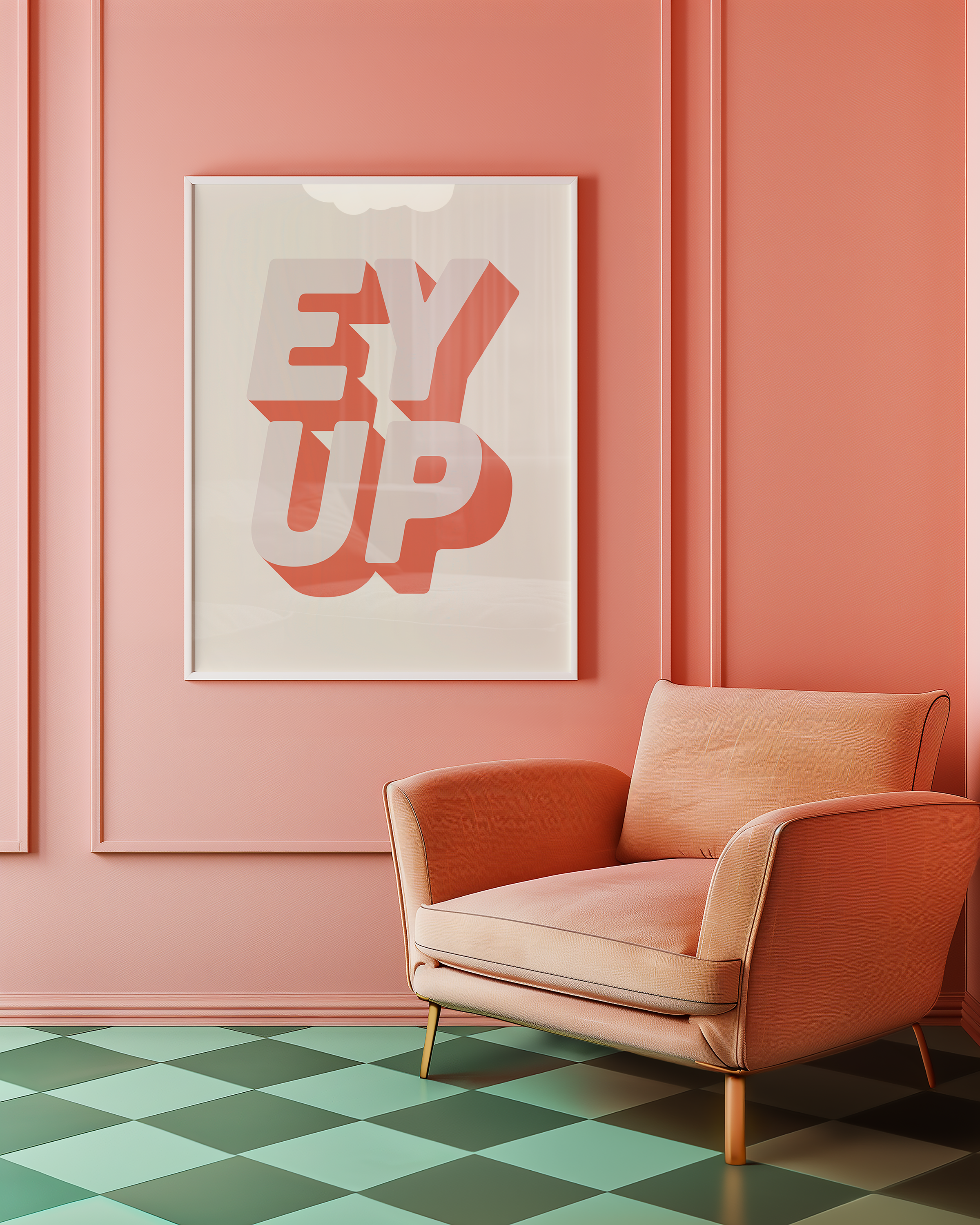 Bold quote print poster decor "Ey up". British quote. Yorkshire quote. Dopamine decor. Retro two tone font cream and pink