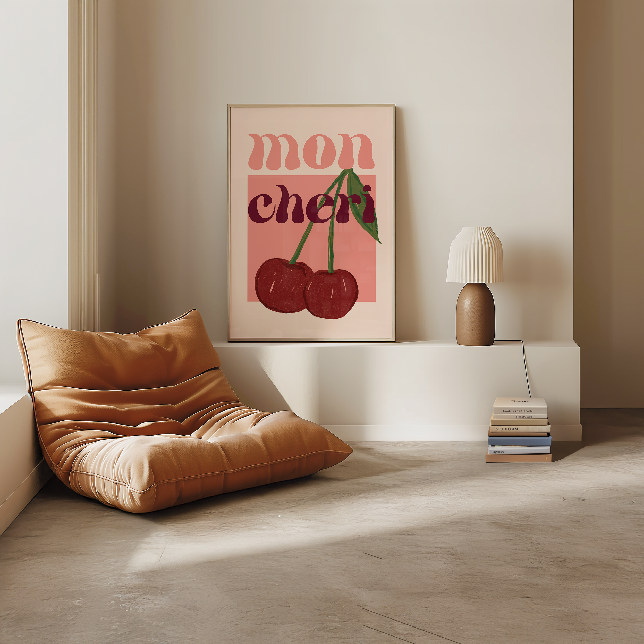 Bold dopamine decor print poster illustration of cherries that says "mon cheri". Feminine decor style. retro feel.