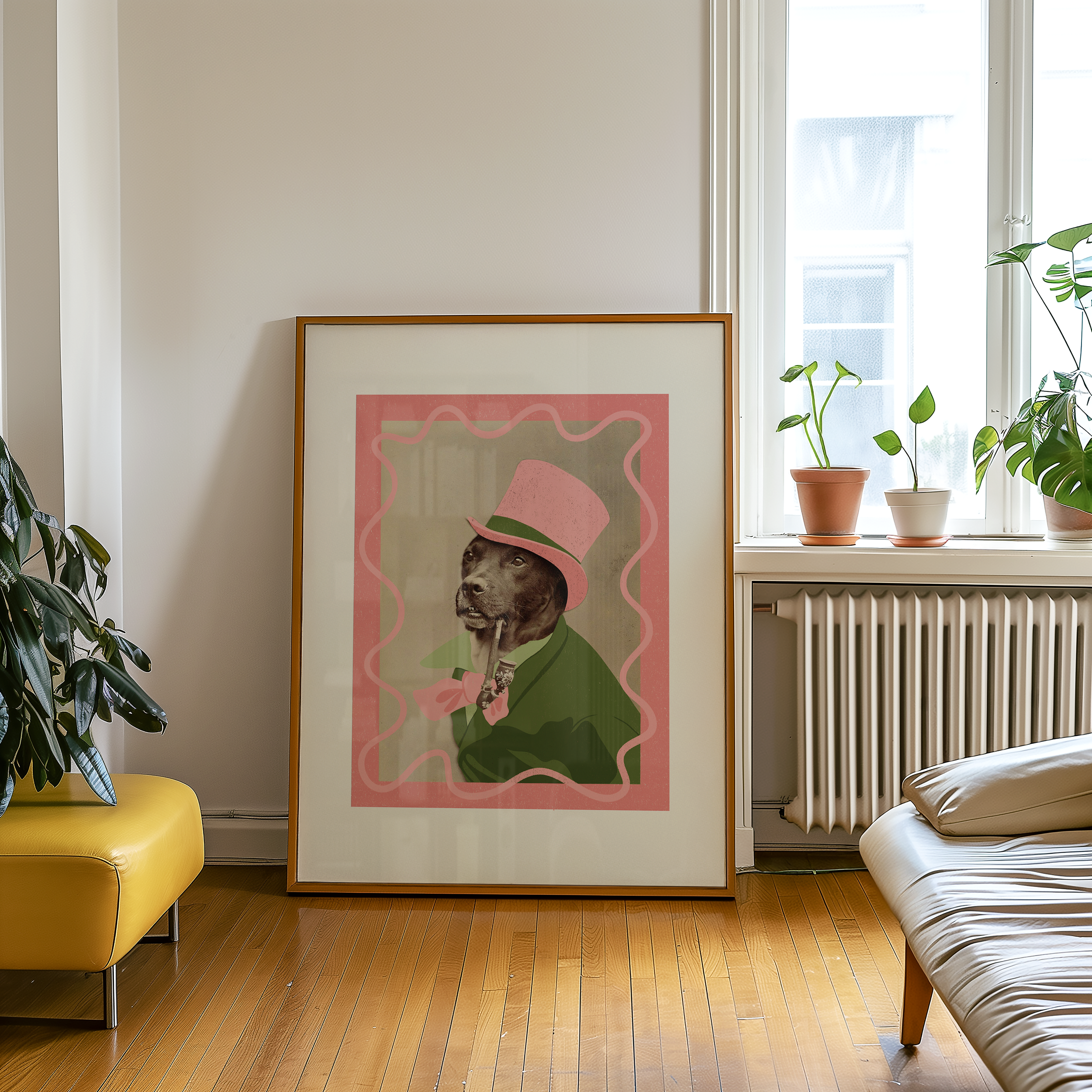Dopamine decor poster print. Victorian photography of a dog in a top hat, enhances with modern colour elements of pink and green