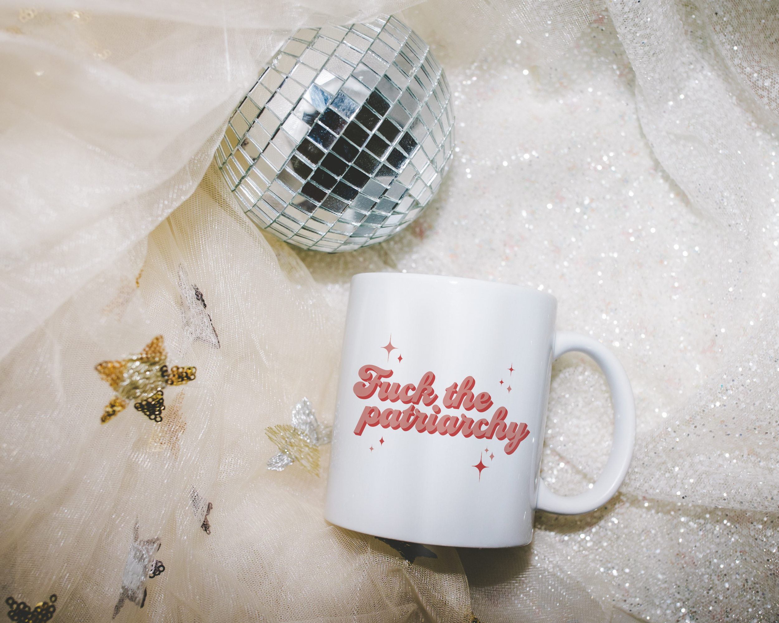 Sassy dopamine decor White coffee mug that says "fuck the patriarchy" in a retro vintage style red font. Available in 11oz and 15oz