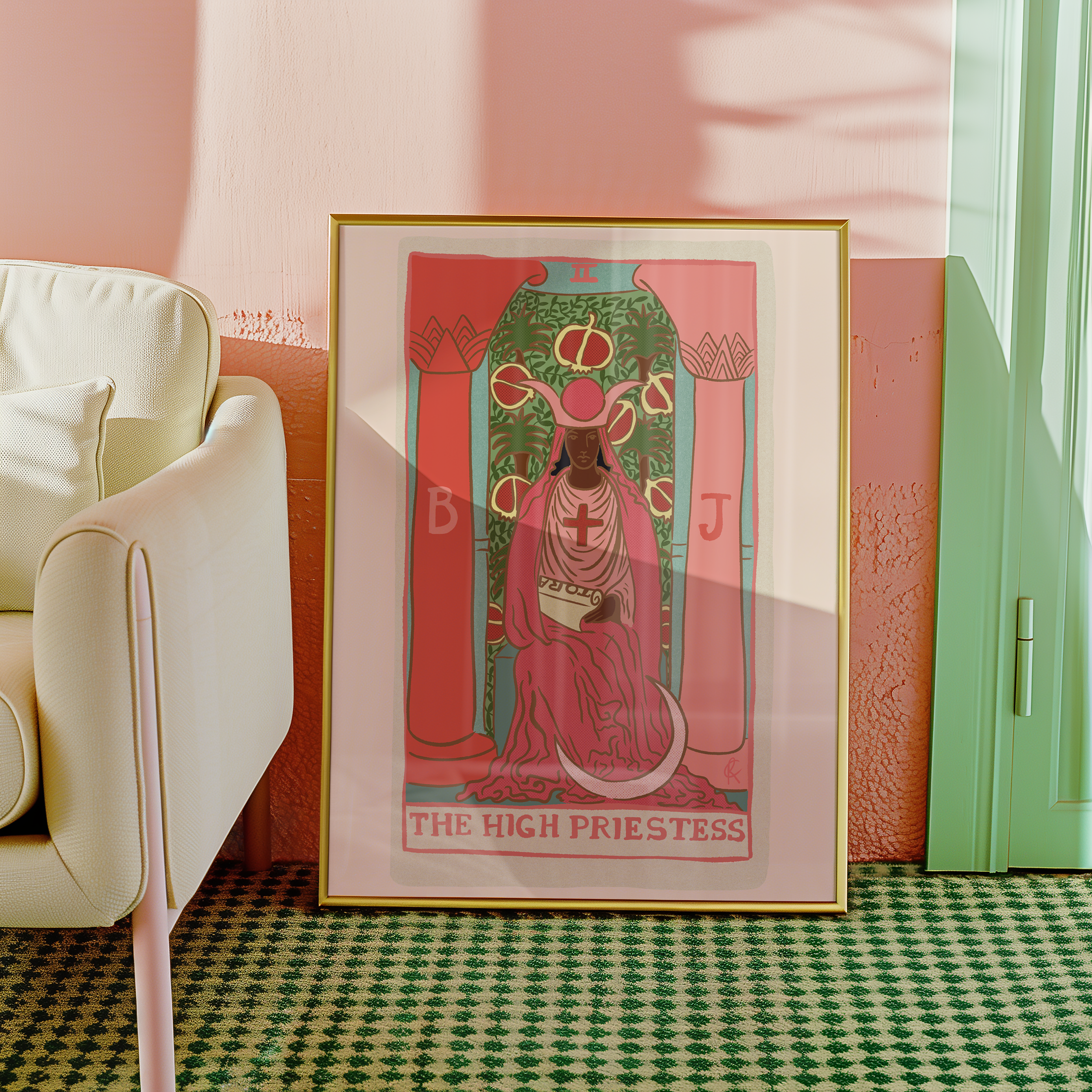 The High Priestess tarot card print, feminine pink witchy spiritual decor poster print.