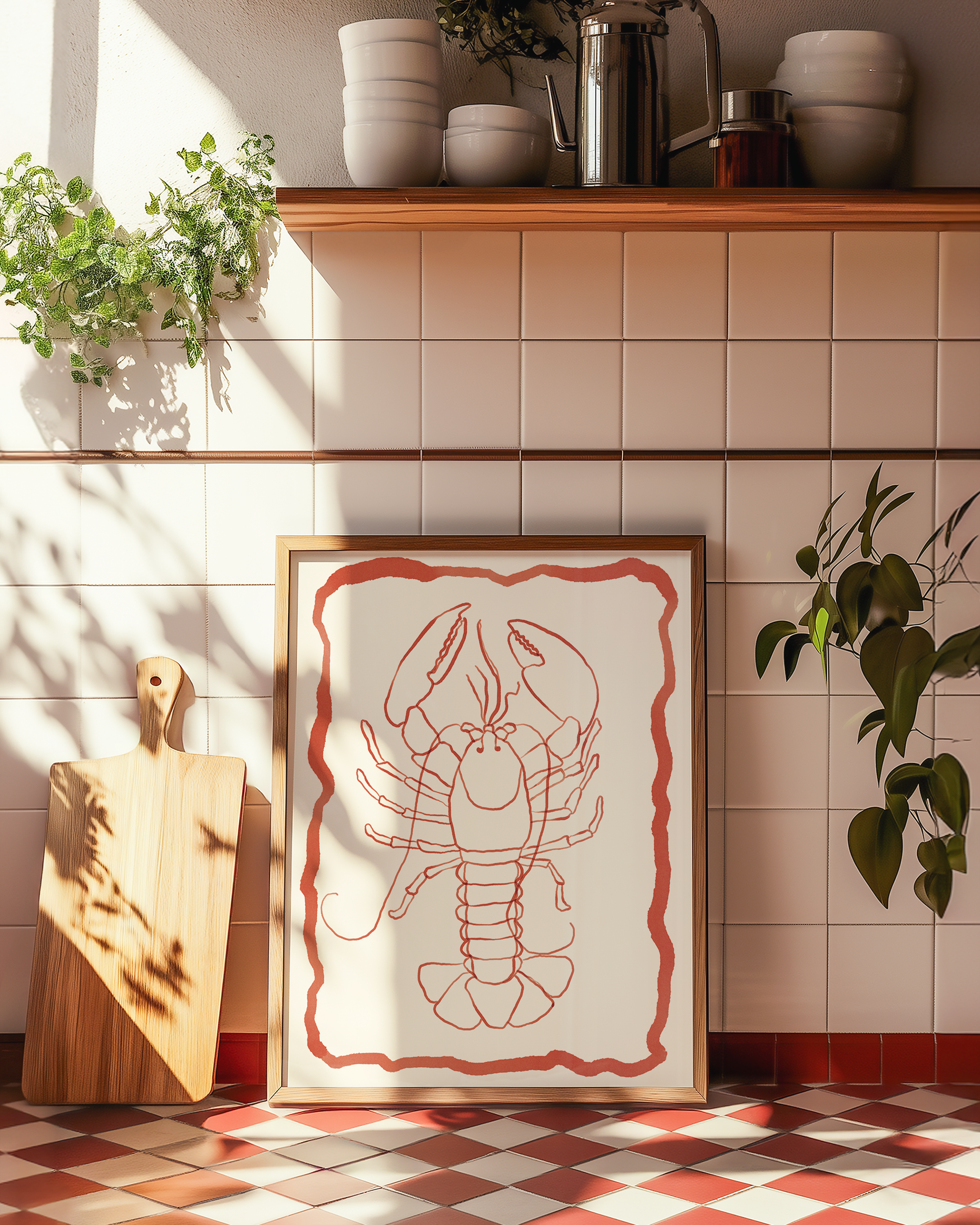 Bold dopamine decor print poster of a lobster in watercolour style. kitchen poster. Red and cream. ocean sea life poster