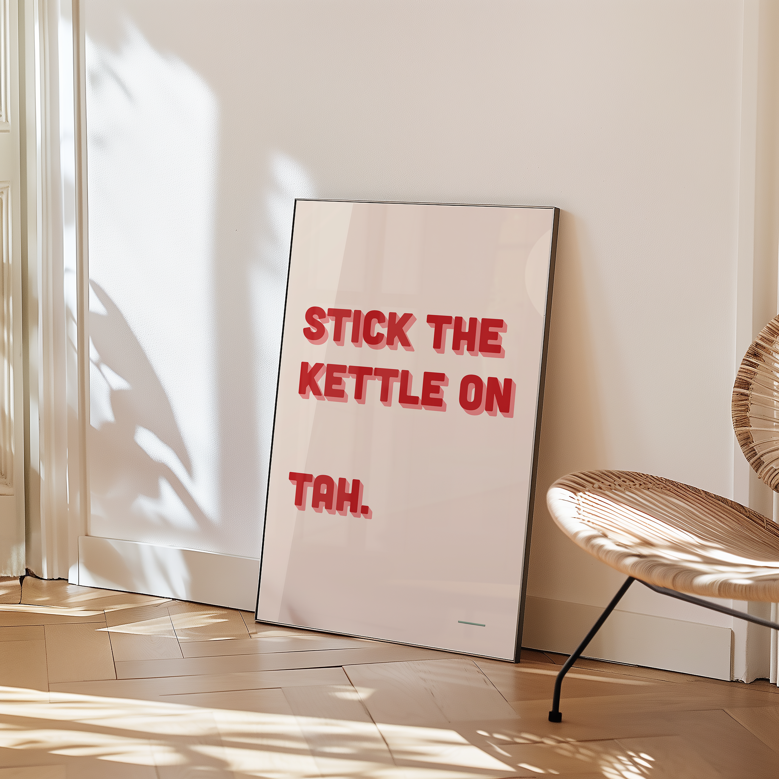 Funny quote print poster that says "Stick the Kettle On Tah" in two tone retro red and pink font. British humour poster