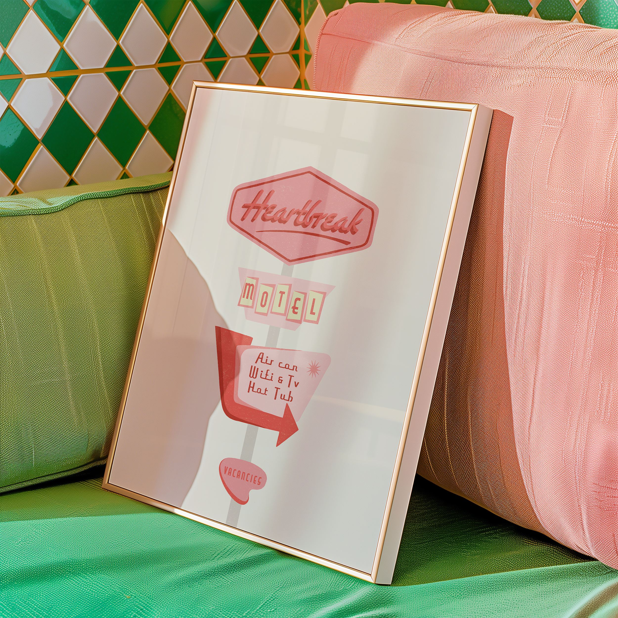Bold dopamine decor print poster illustration of a retro motel sign in various pink tones that says "heart break motel". Feminine decor style. retro feel.