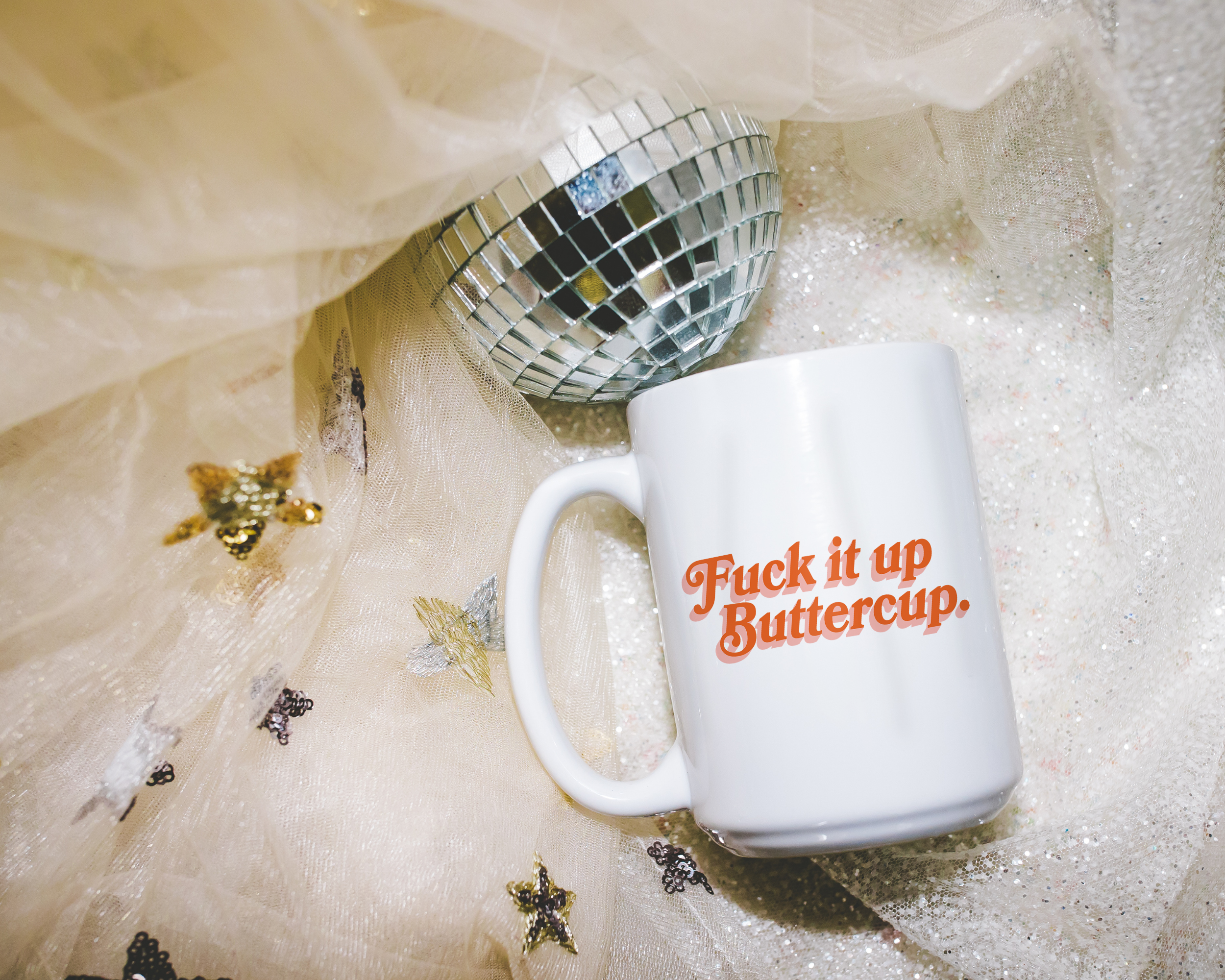 Sassy dopamine decor White coffee mug that says "Fuck it up buttercup" in a retro vintage font that's orange. Available in 11oz and 15oz
