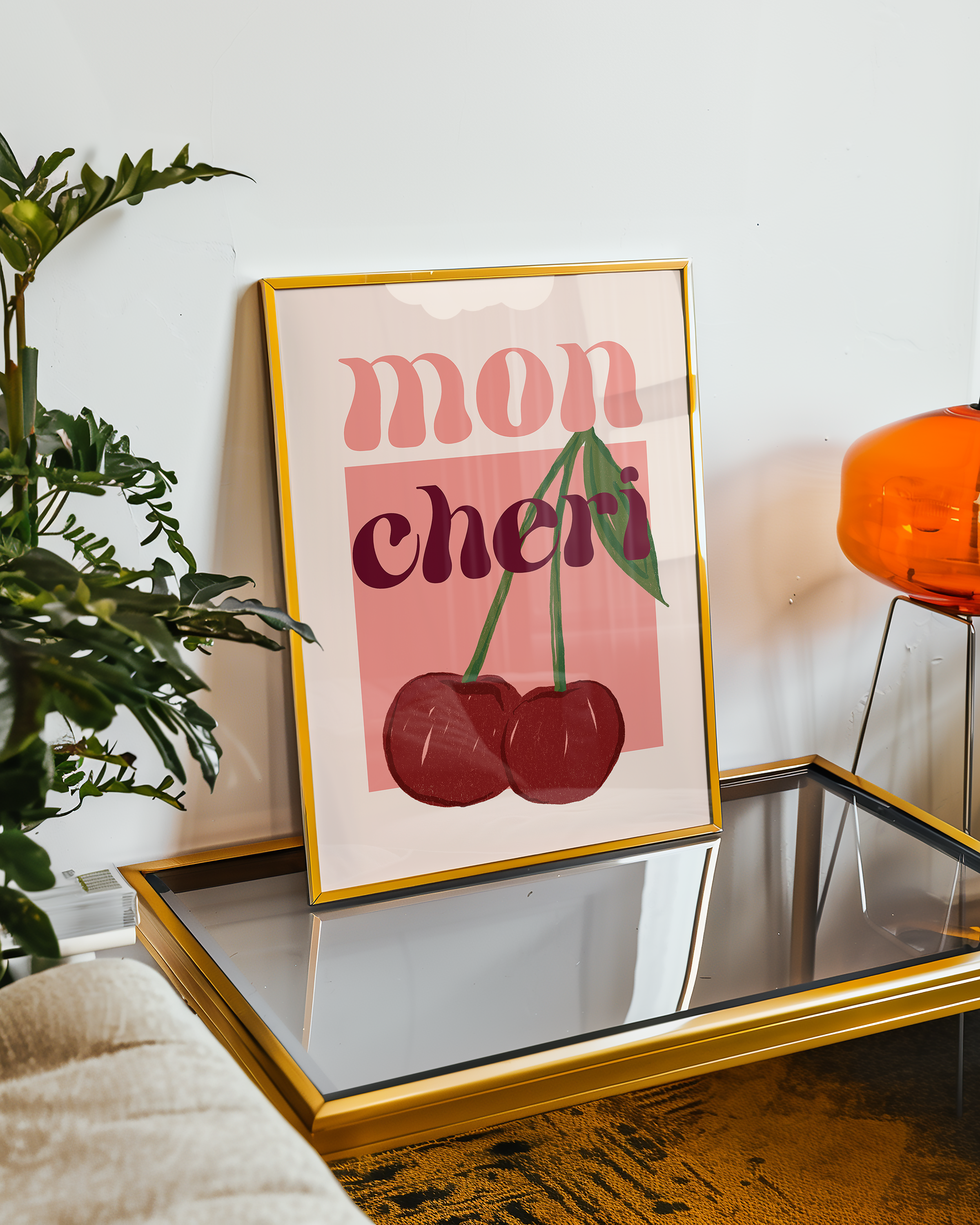 Bold dopamine decor print poster illustration of cherries that says "mon cheri". Feminine decor style. retro feel.