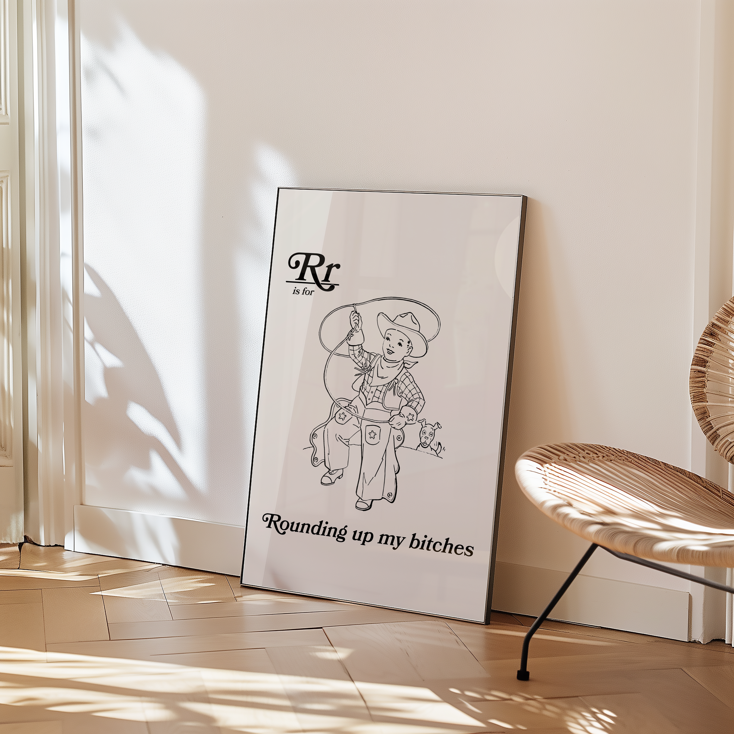 Dopamine decor poster print of retro style alphabet poster for the letter R or a childrens illuration cowboy with a lasso that say "R is for Rounding up my bitches." Adult humour print.