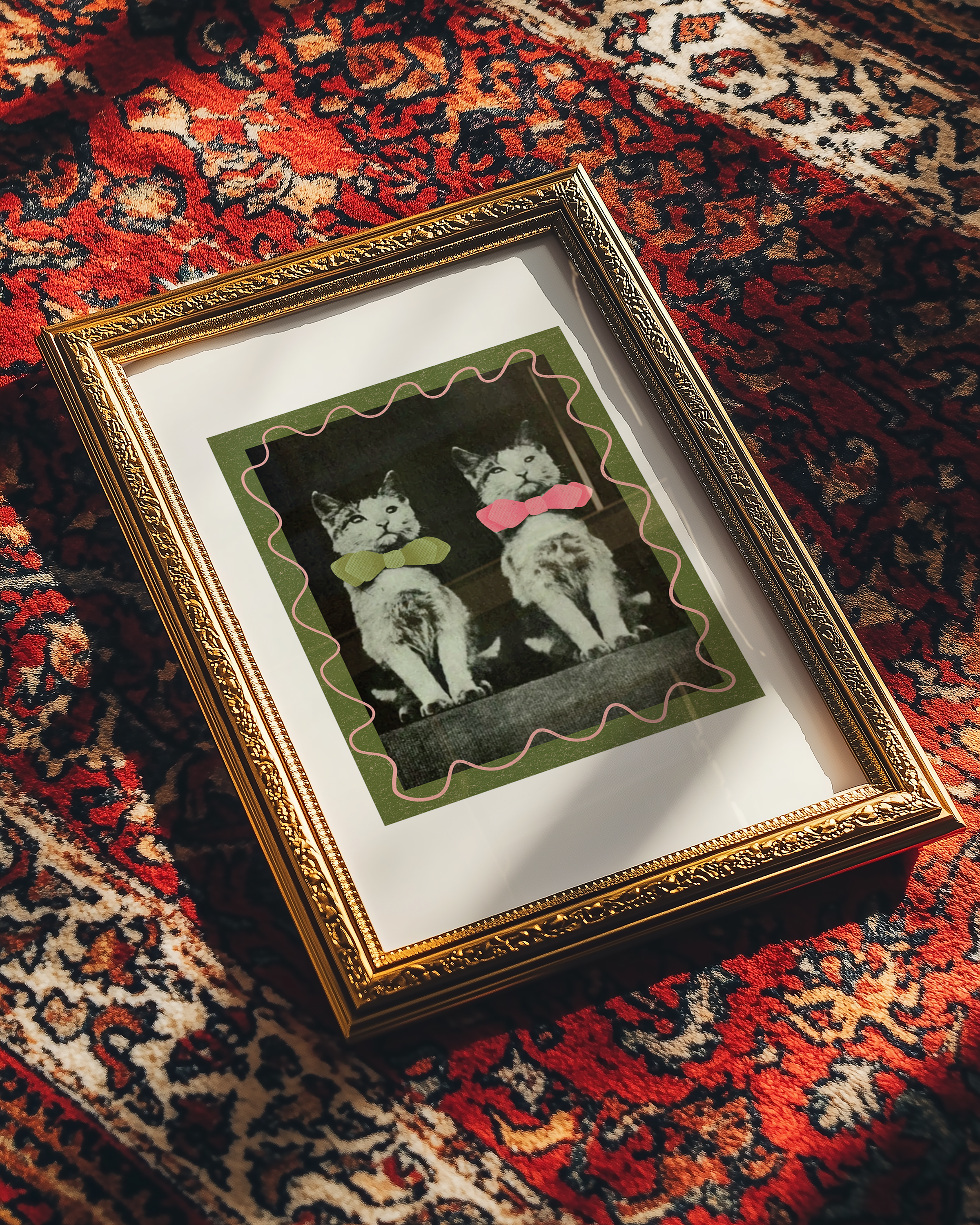 Dopamine decor poster print. Victorian photography of two kittens in bow ties, enhances with modern colour elements of pink and green