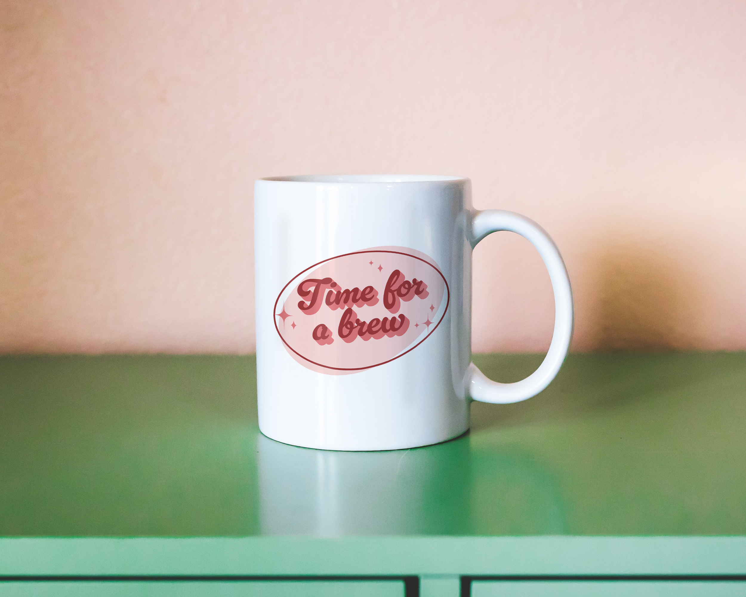 White coffee mug that says "time for a brew" in a retro vintage font that's pink. Available in 11oz and 15oz
