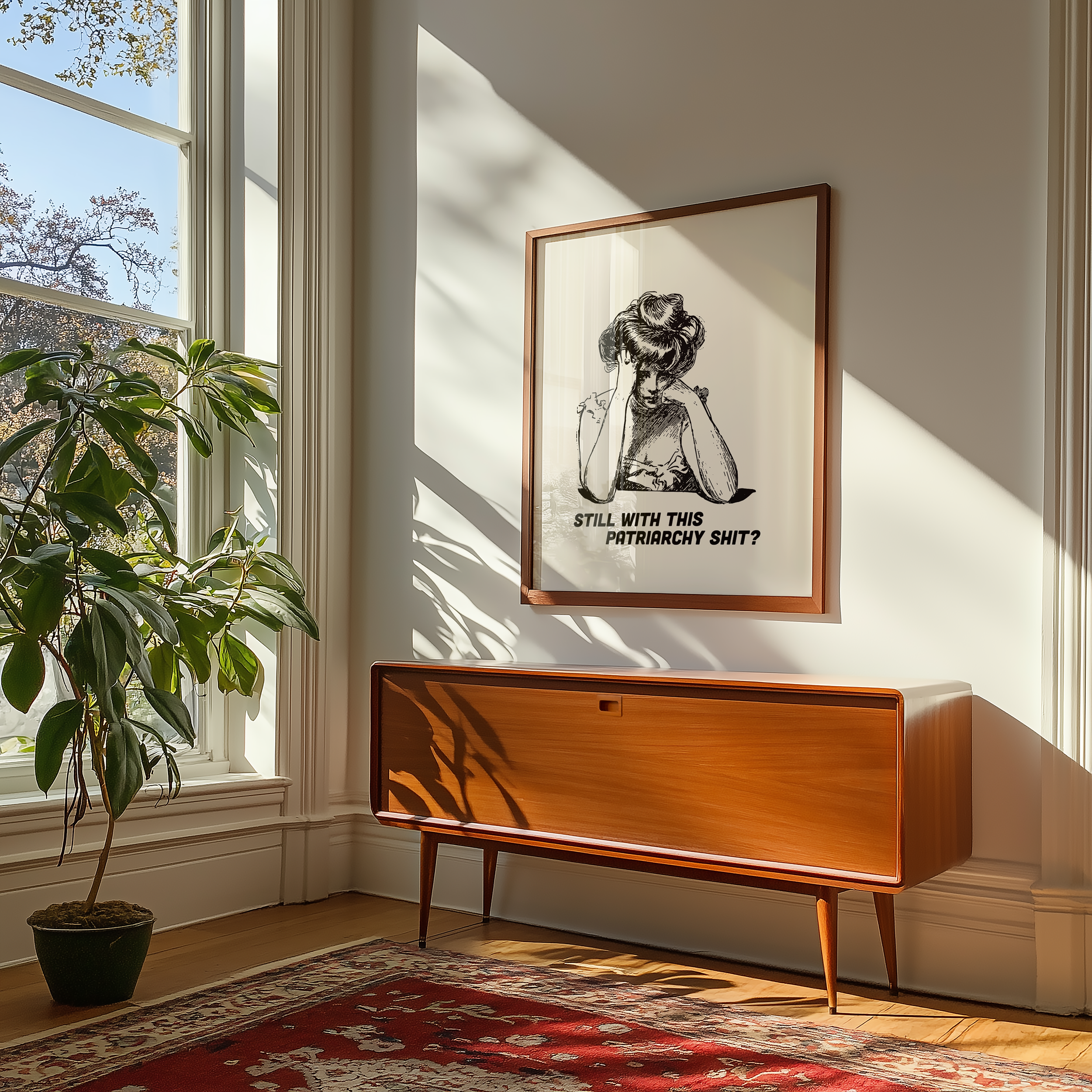 Black and White print of a bored looking Edwardian woman that says "Still with this Patriarchy shit?" Funny feminist print. Witty sassy dopamine decor poster.