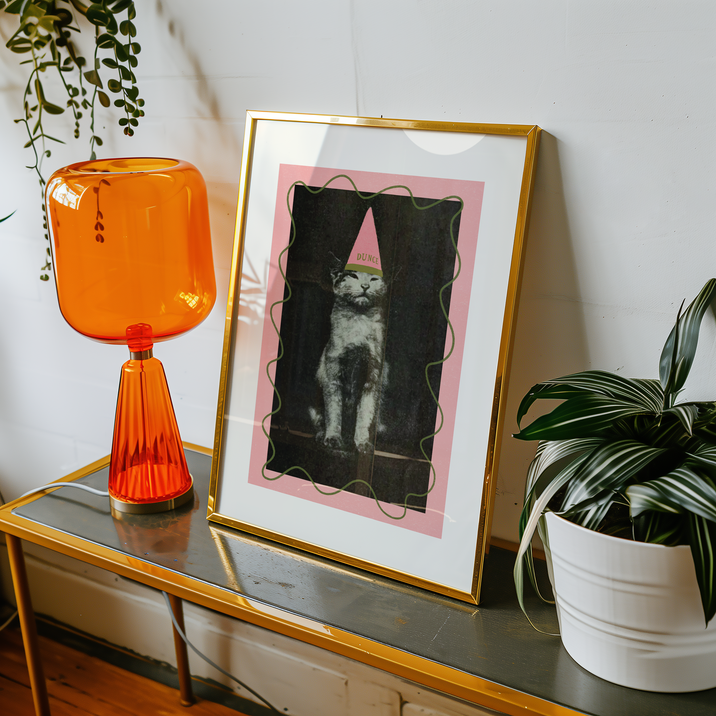 Dopamine decor poster print. Victorian photography pf cat wearing a dunce cat, enhances with modern colour elemants of pink and green