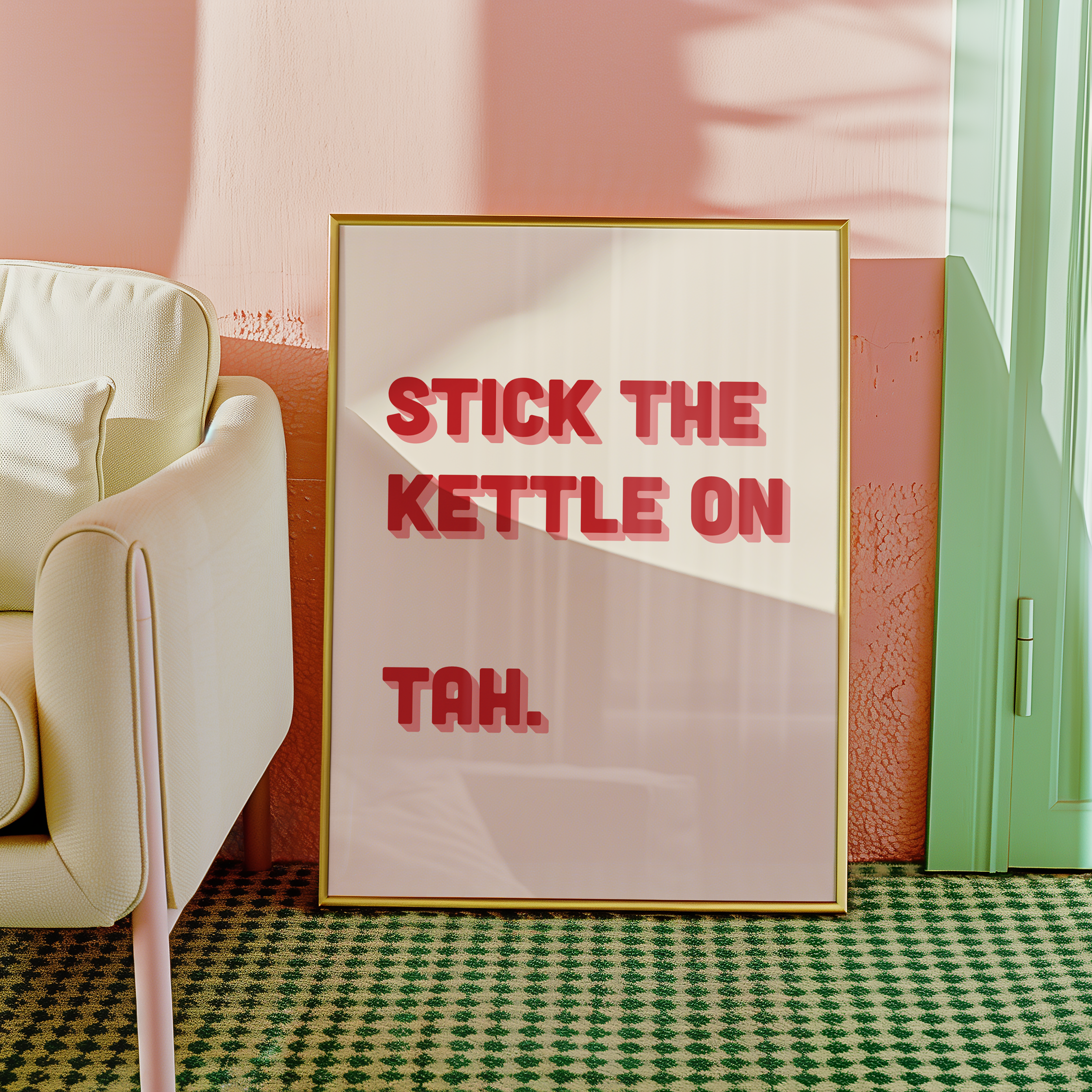 Funny quote print poster that says "Stick the Kettle On Tah" in two tone retro red and pink font. British humour poster