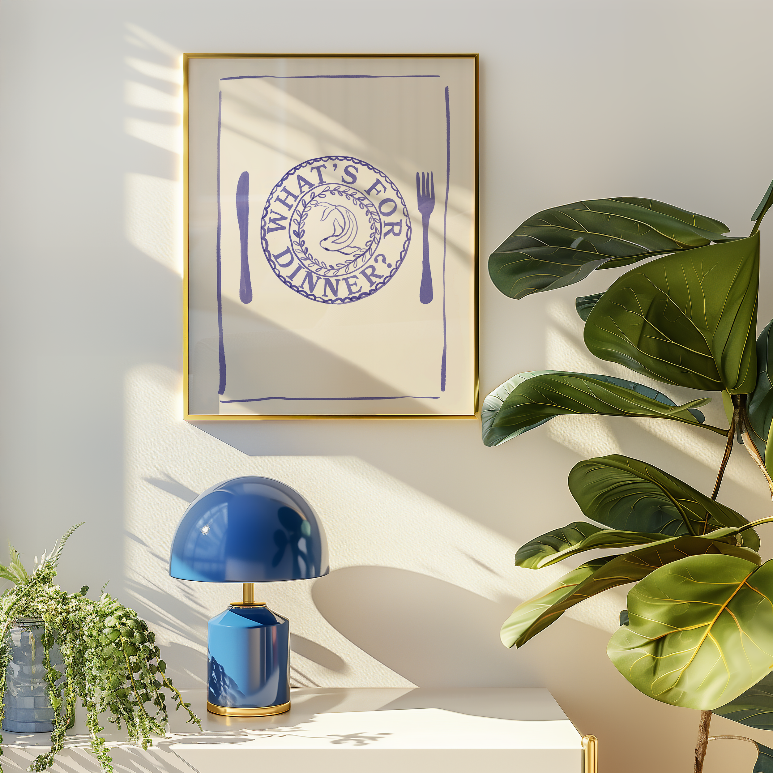 Bold dopamine decor print poster of a dinner place and knife and fork with the phrase "Whats's for dinner?" in watercolour style. kitchen poster. Blue and cream. Food poster print