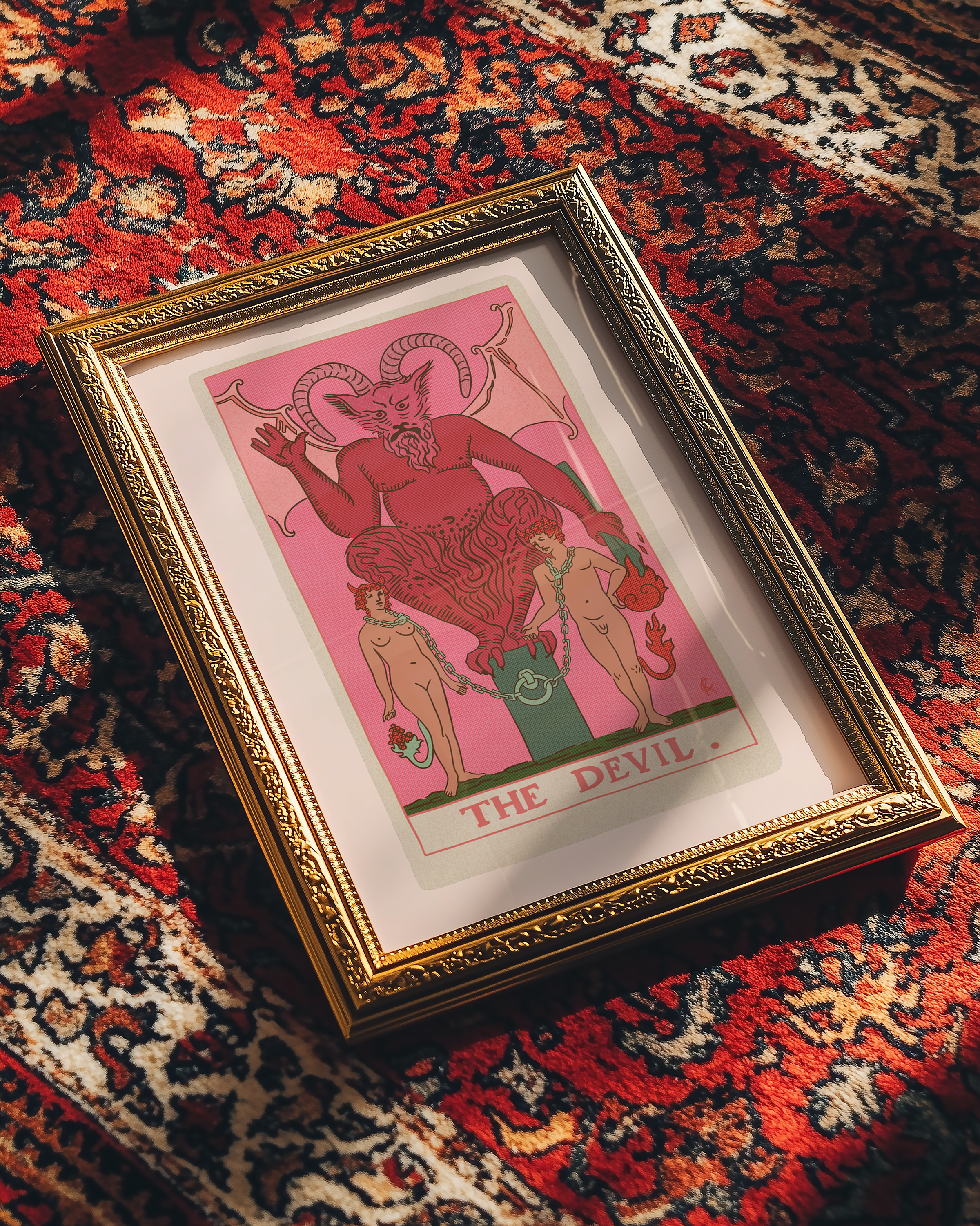 The Devil tarot card print, feminine pink witchy spiritual decor poster print.