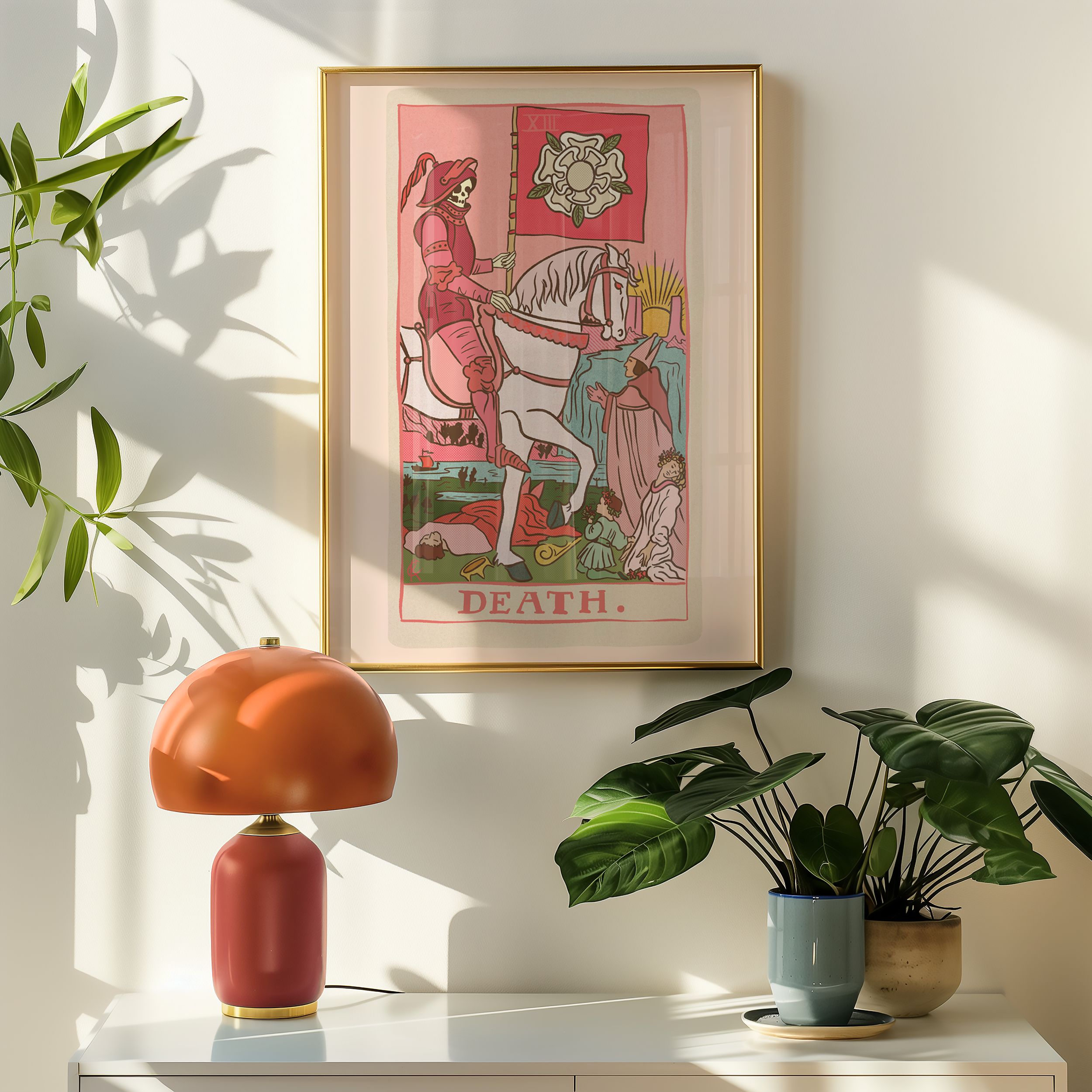 Death tarot card print, feminine pink witchy spiritual decor poster print.