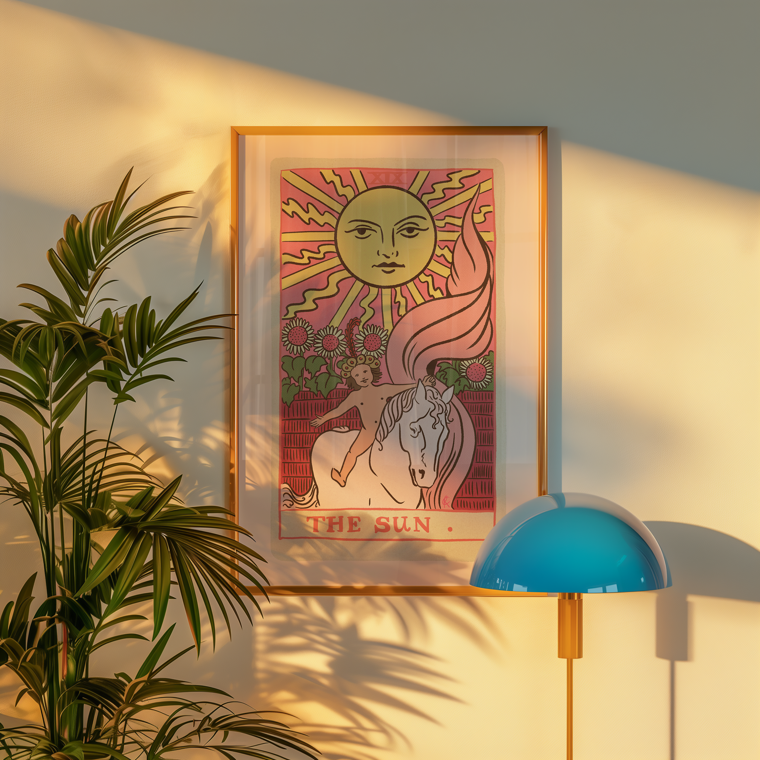 The Sun tarot card print, feminine pink witchy spiritual decor poster print.