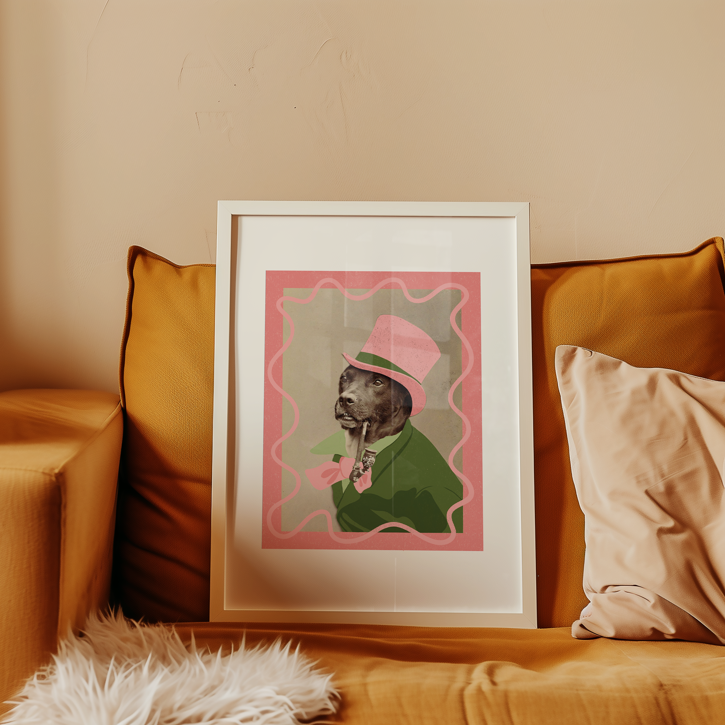 Dopamine decor poster print. Victorian photography of a dog in a top hat, enhances with modern colour elements of pink and green