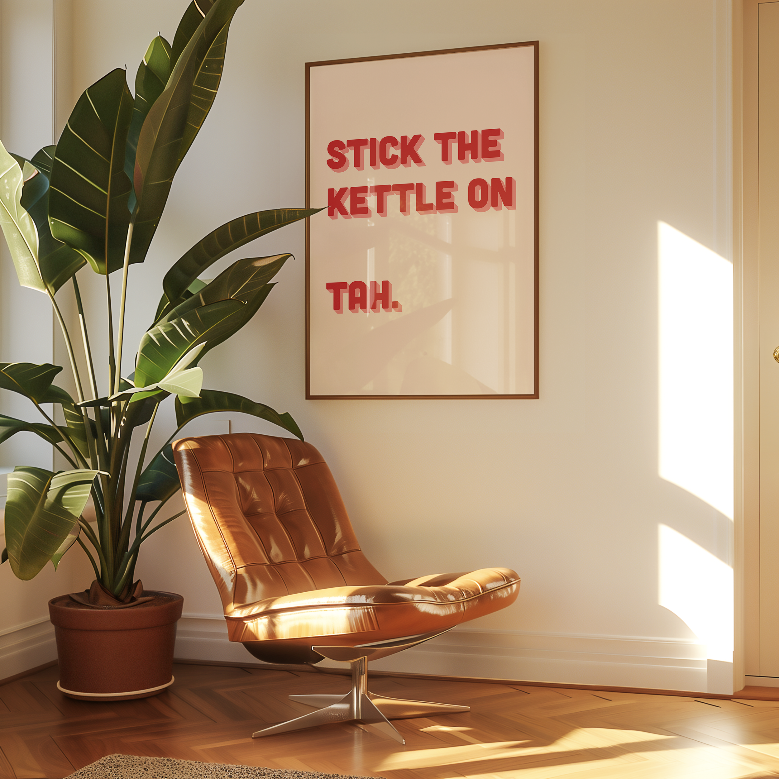 Funny quote print poster that says "Stick the Kettle On Tah" in two tone retro red and pink font. British humour poster