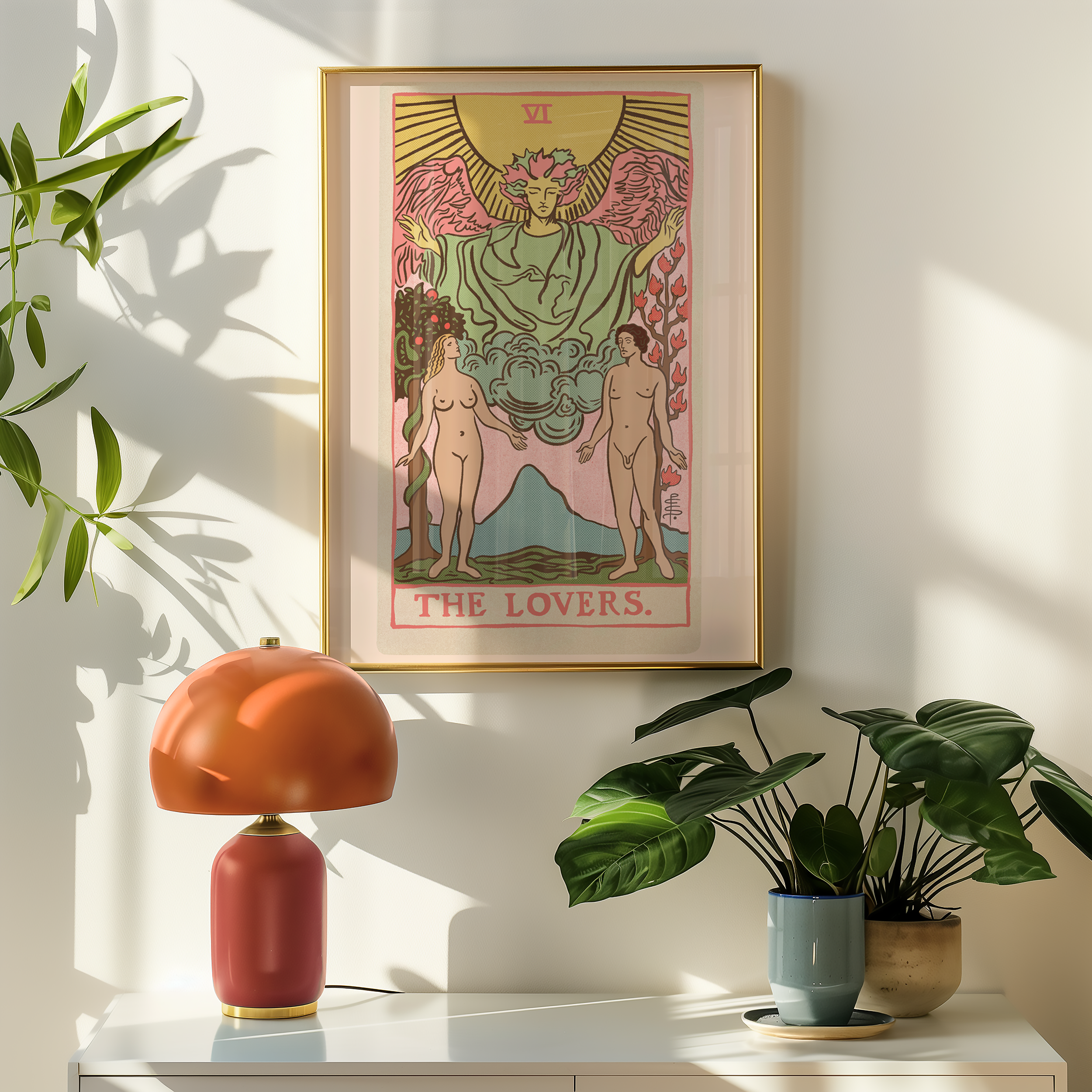 The Lovers tarot card print, feminine pink witchy spiritual decor poster print.