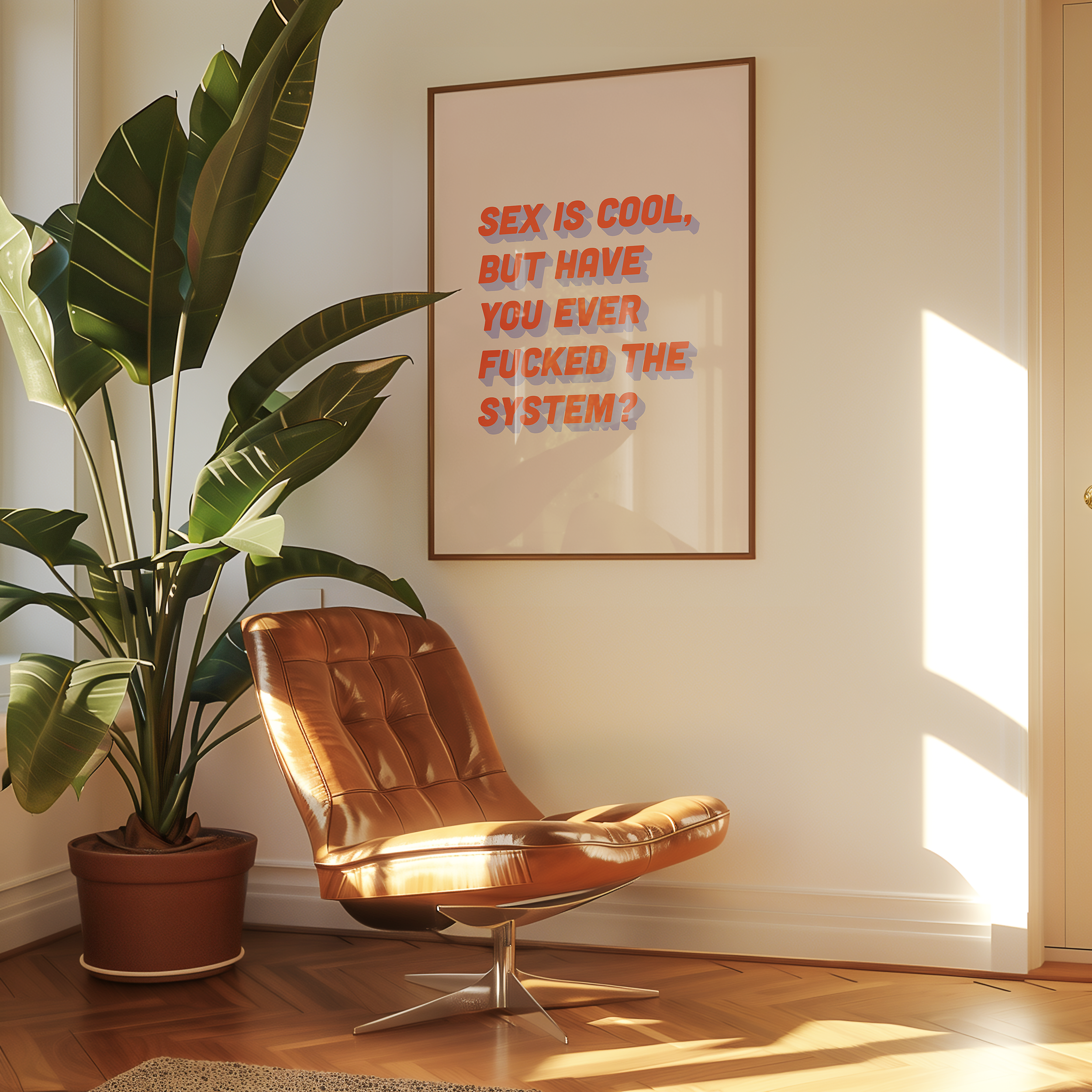 Bold dopamine decor feminist print poster that says "Sex is Cool But Have You Ever Fucked the System?" in retro two tone font in red and blue