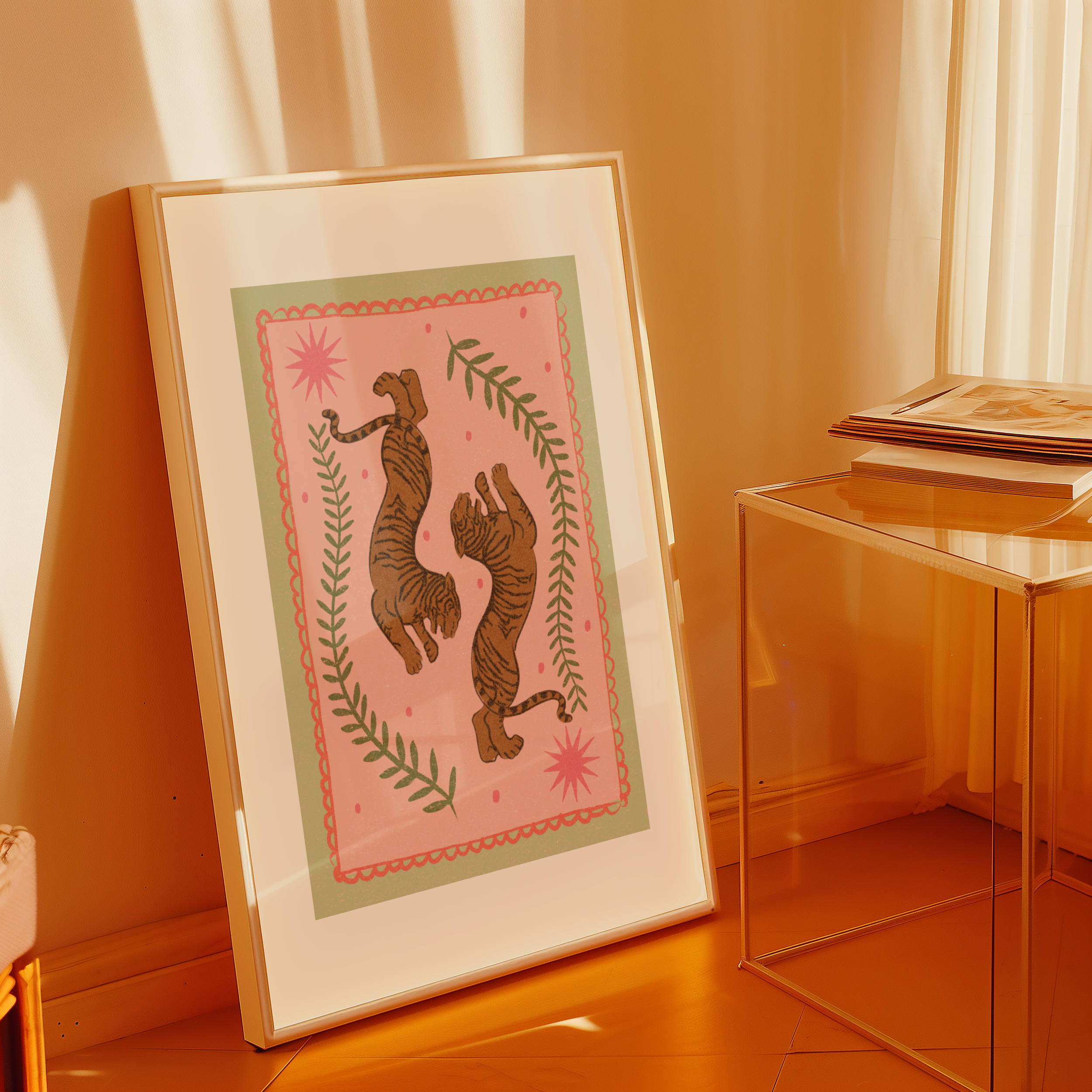 Bold dopamine decor print poster illustration of tigers. Retro style decor. midcentury modern.
