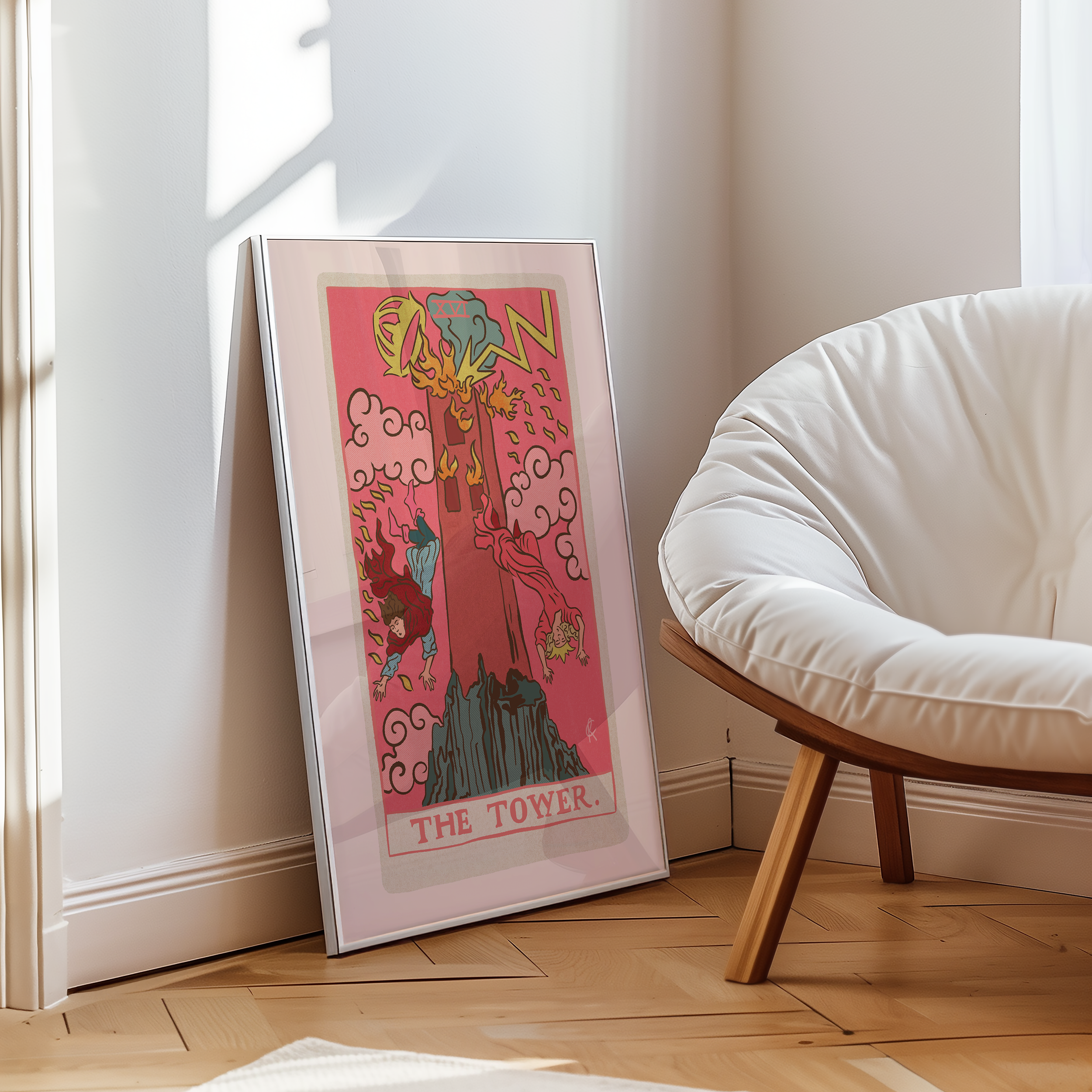 The Tower tarot card print, feminine pink witchy spiritual decor poster print.