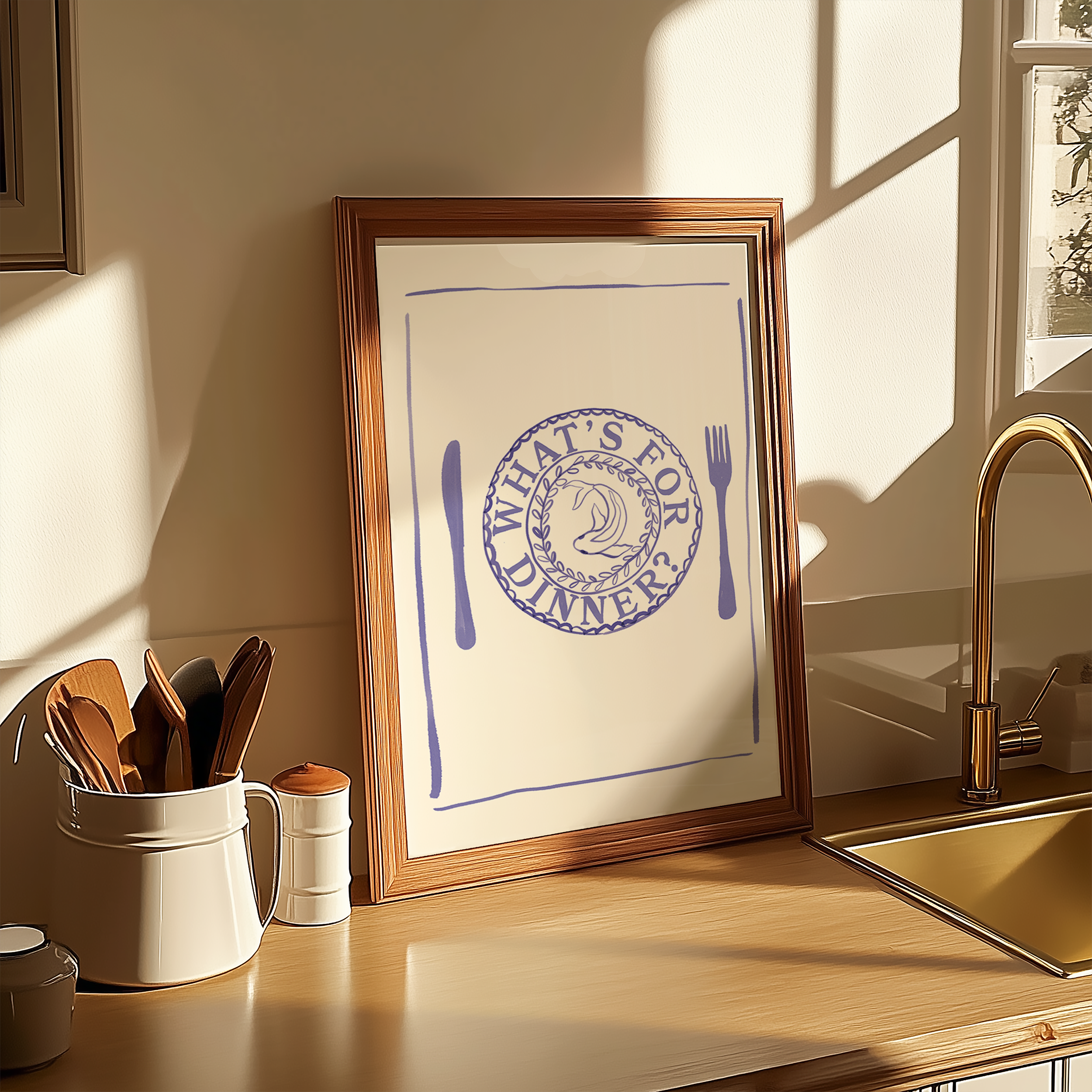 Bold dopamine decor print poster of a dinner place and knife and fork with the phrase "Whats's for dinner?" in watercolour style. kitchen poster. Blue and cream. Food poster print