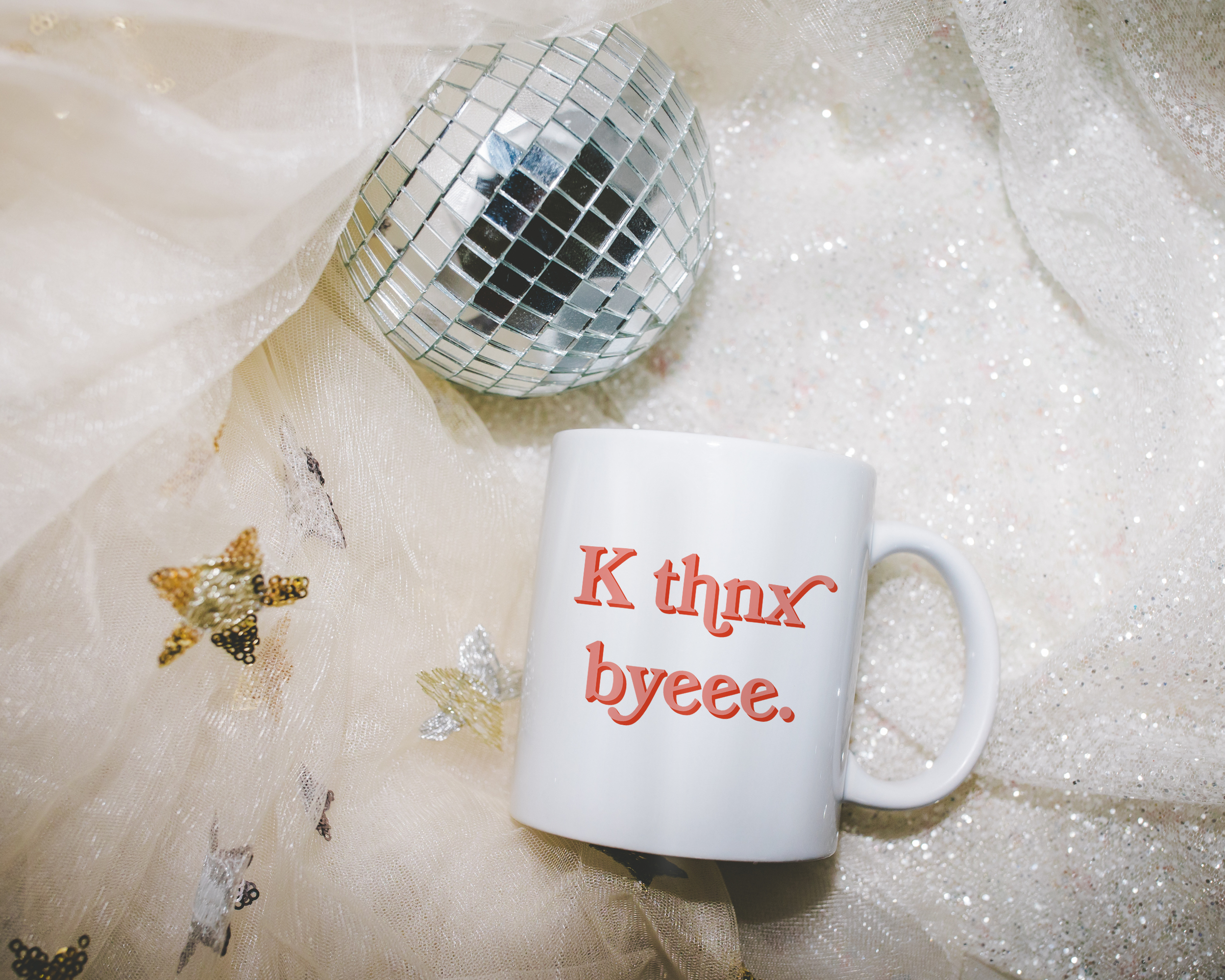 Sassy dopamine decor White coffee mug that says "K thnx byeee" in a retro vintage font that's pink. Available in 11oz and 15oz