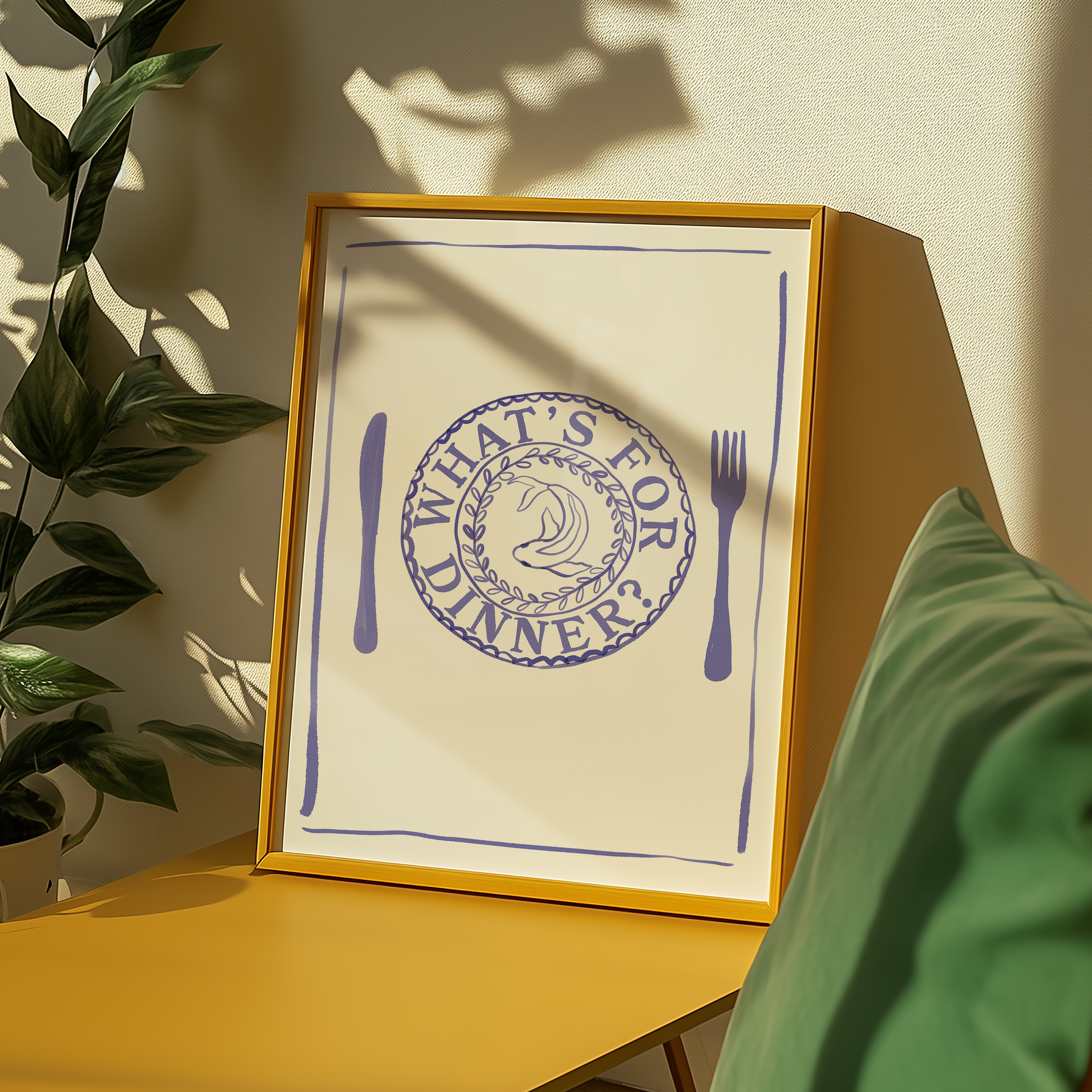 Bold dopamine decor print poster of a dinner place and knife and fork with the phrase "Whats's for dinner?" in watercolour style. kitchen poster. Blue and cream. Food poster print