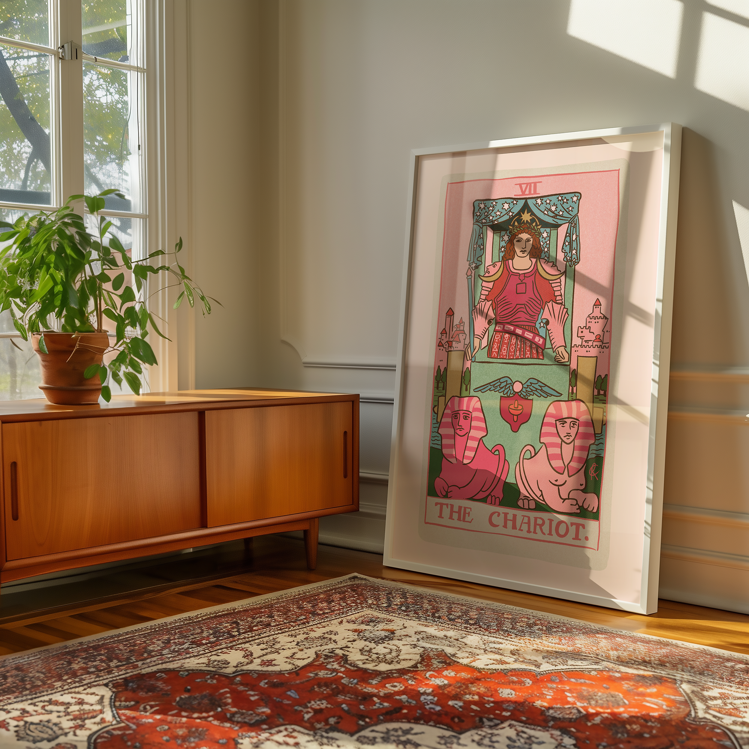 The Chariot tarot card print, feminine pink witchy spiritual decor poster print.
