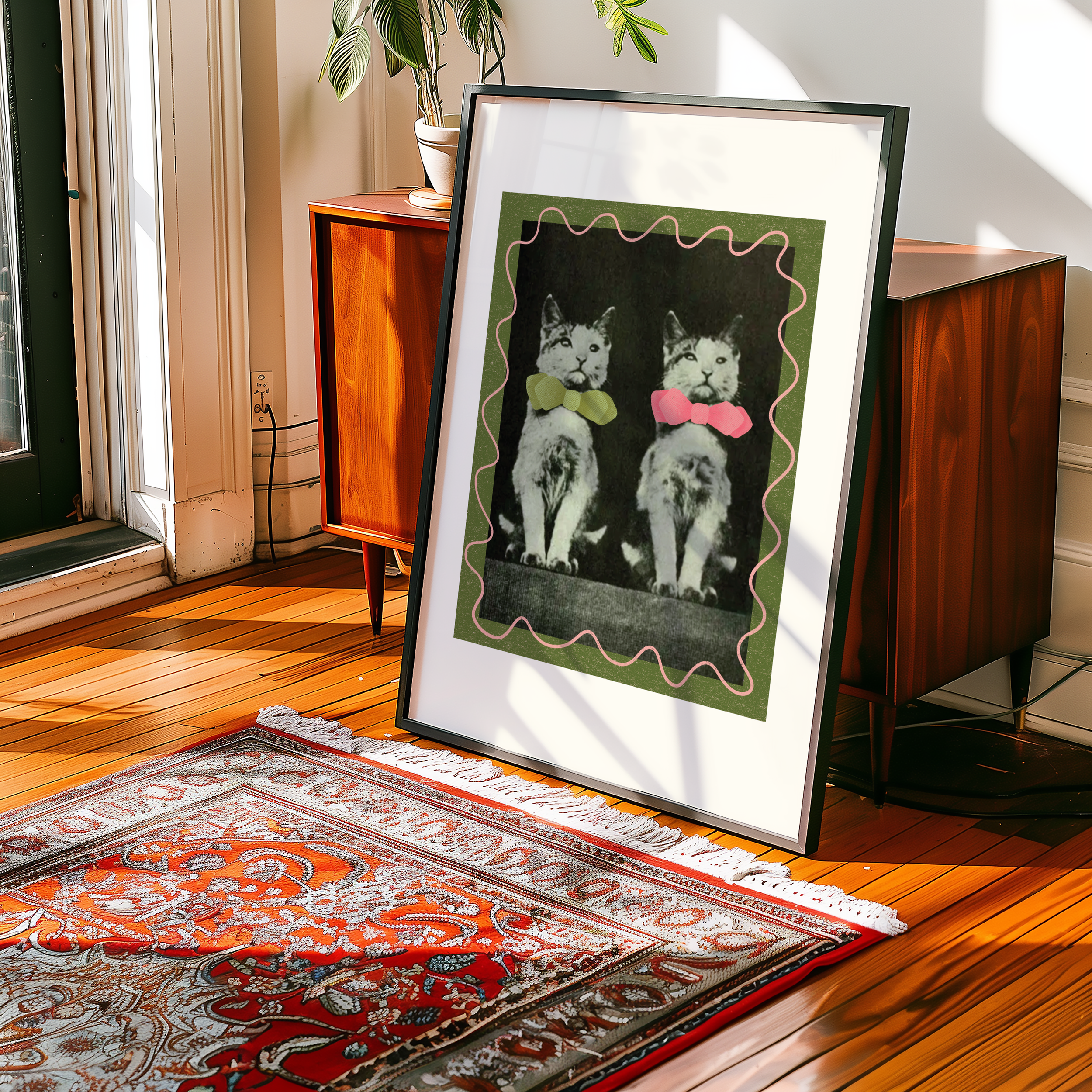 Dopamine decor poster print. Victorian photography of two kittens in bow ties, enhances with modern colour elements of pink and green