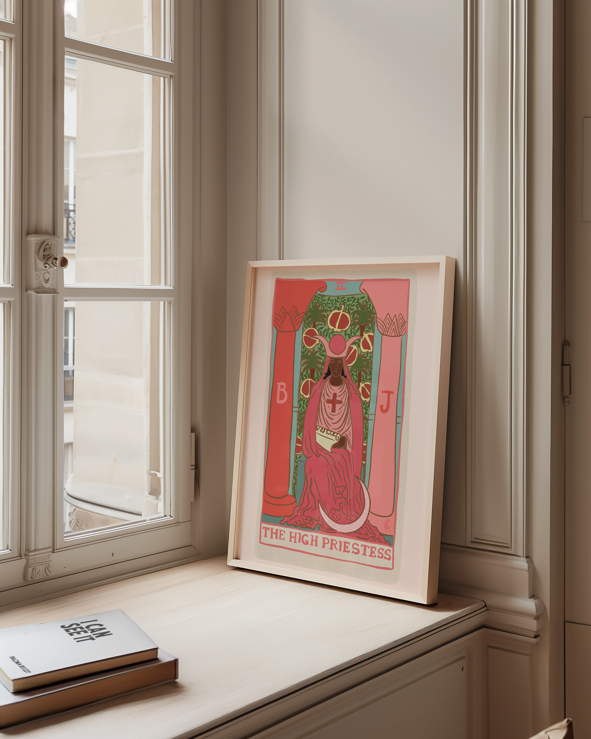 The High Priestess tarot card print, feminine pink witchy spiritual decor poster print.