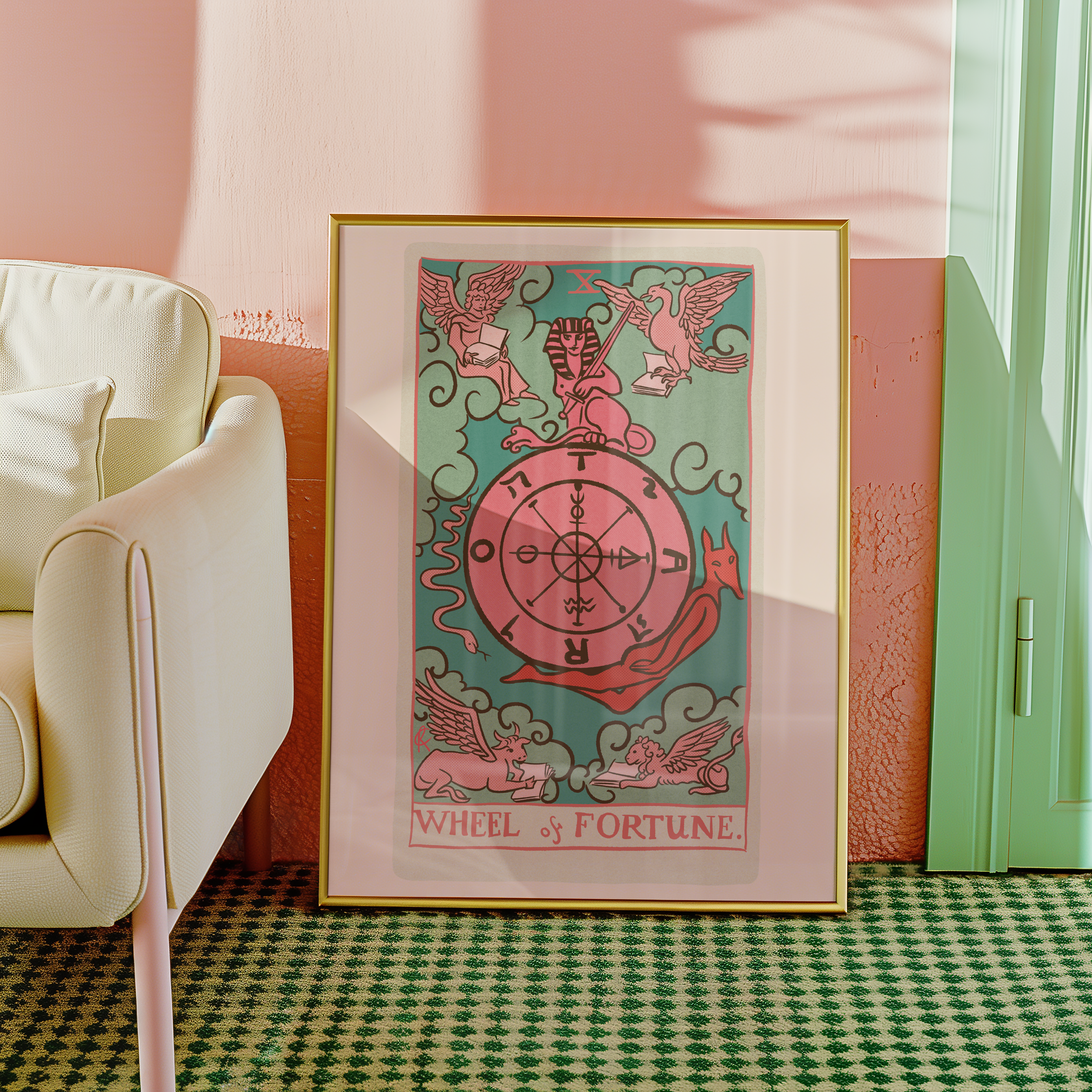 Wheel of Fortune tarot card print, feminine pink witchy spiritual decor poster print.