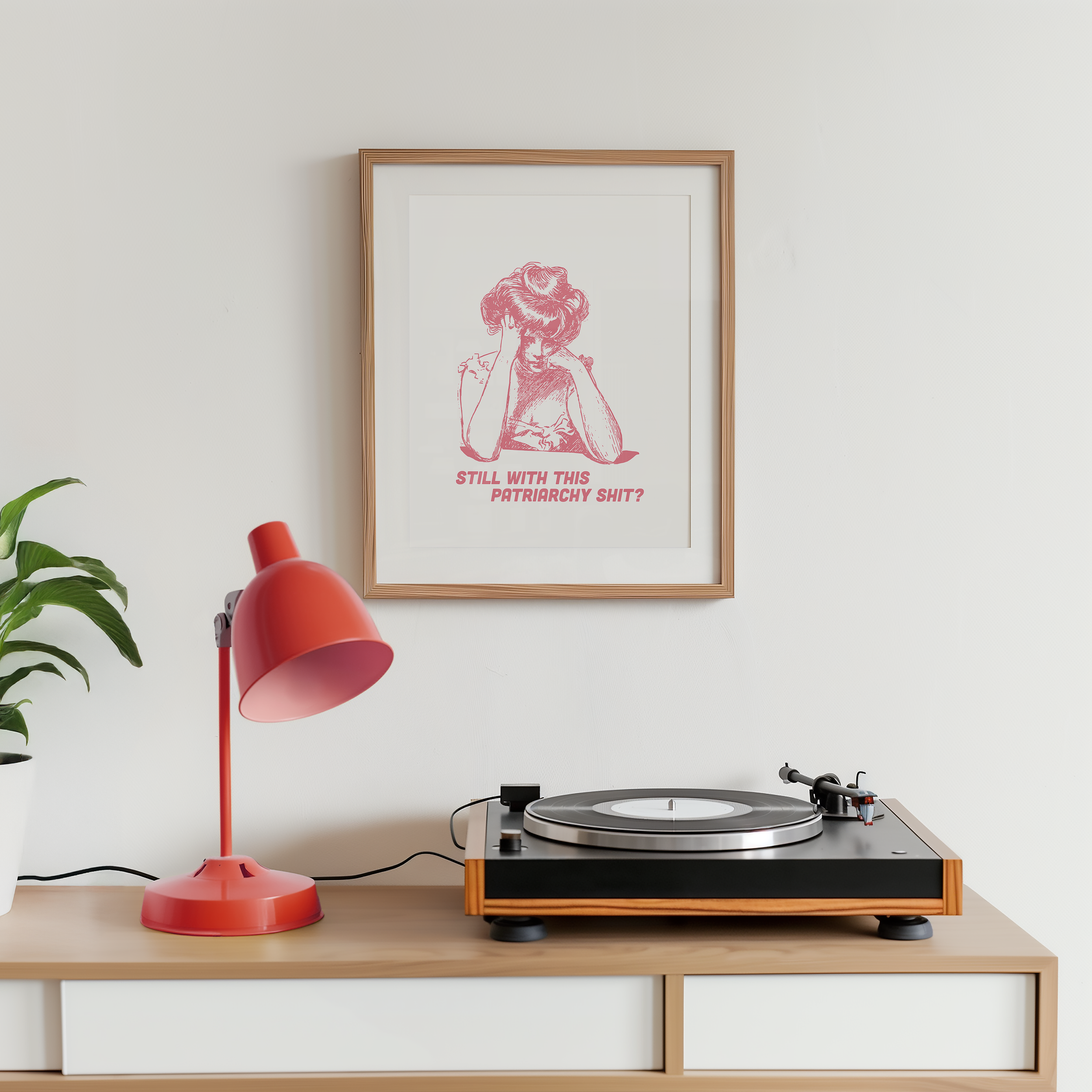 Pink and White print of a bored looking Edwardian woman that says "Still with this Patriarchy shit?" Funny feminist print. Witty sassy dopamine decor poster.