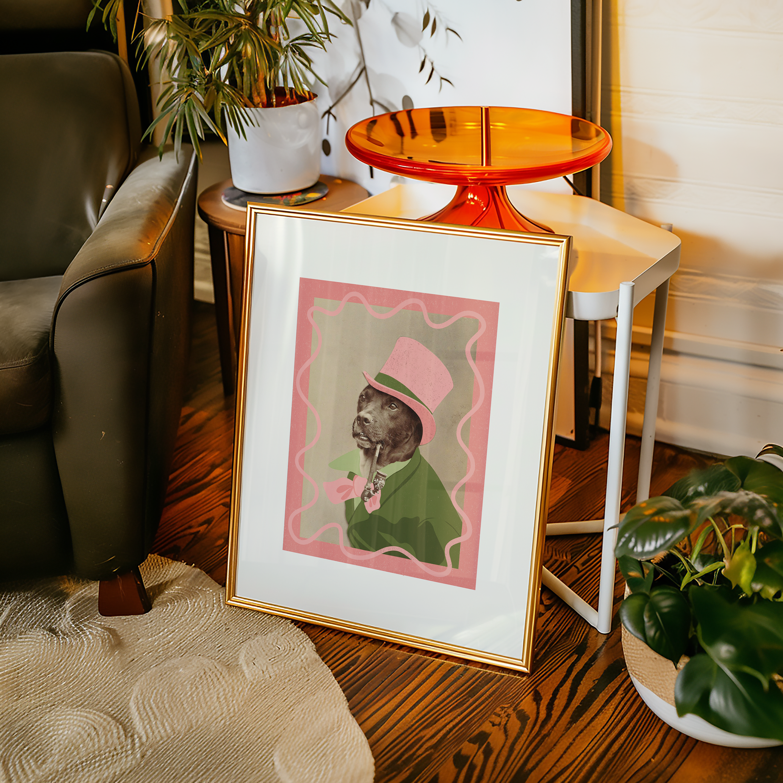 Dopamine decor poster print. Victorian photography of a dog in a top hat, enhances with modern colour elements of pink and green